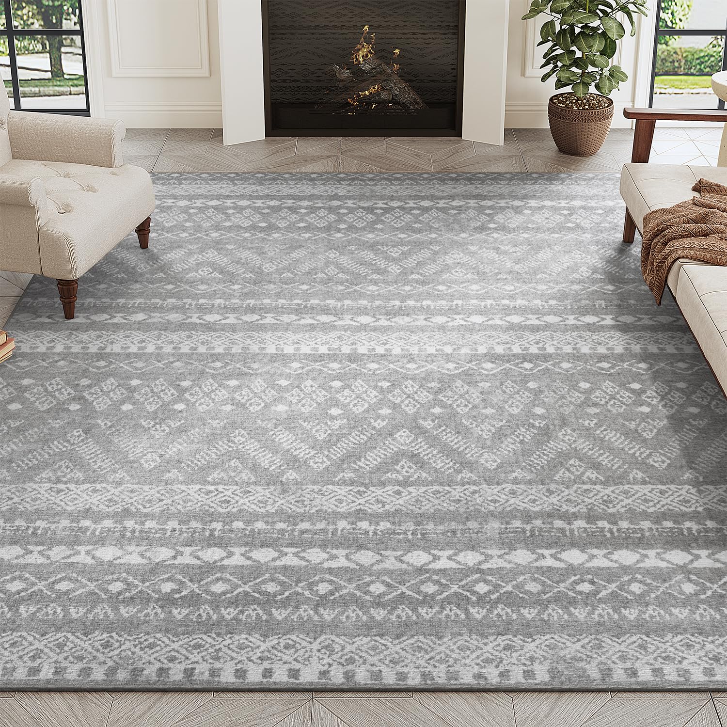 PADOOR 8x10 Rugs for Living Room Non Slip Geometric Machine Washable Rugs Neutral Area-Rugs 8x10 Modern Ultra Thin Carpet for Bedroom Dining Room, No Shedding Office Rug, Grey Rug