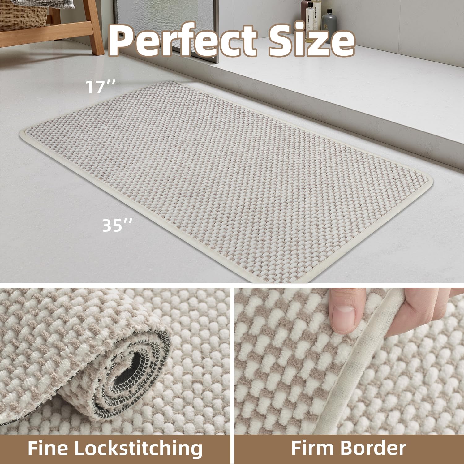 PADOOR-Bath Mat-Super Absorbent Chenille Bathroom Mats-Rubber Backed Bath Mats for Bathroom Non Slip, Machine Washable Bathroom Rugs Front of Bathtub,Shower Room,Sink-17×28, Beige&Cream