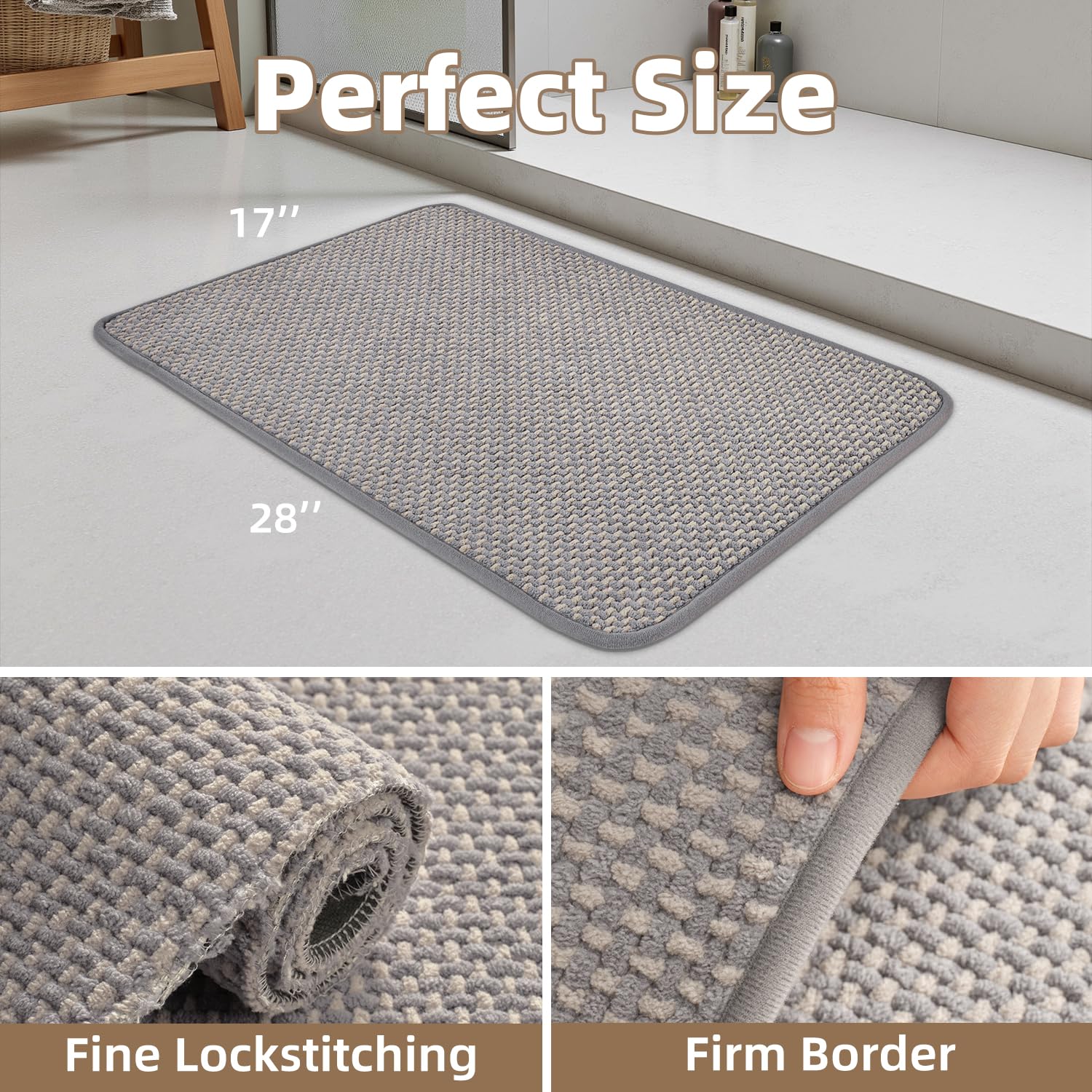 PADOOR-Bath Mat-Super Absorbent Chenille Bathroom Mats-Rubber Backed Bath Mats for Bathroom Non Slip, Machine Washable Bathroom Rugs Front of Bathtub,Shower Room,Sink-17×28, Beige&Cream