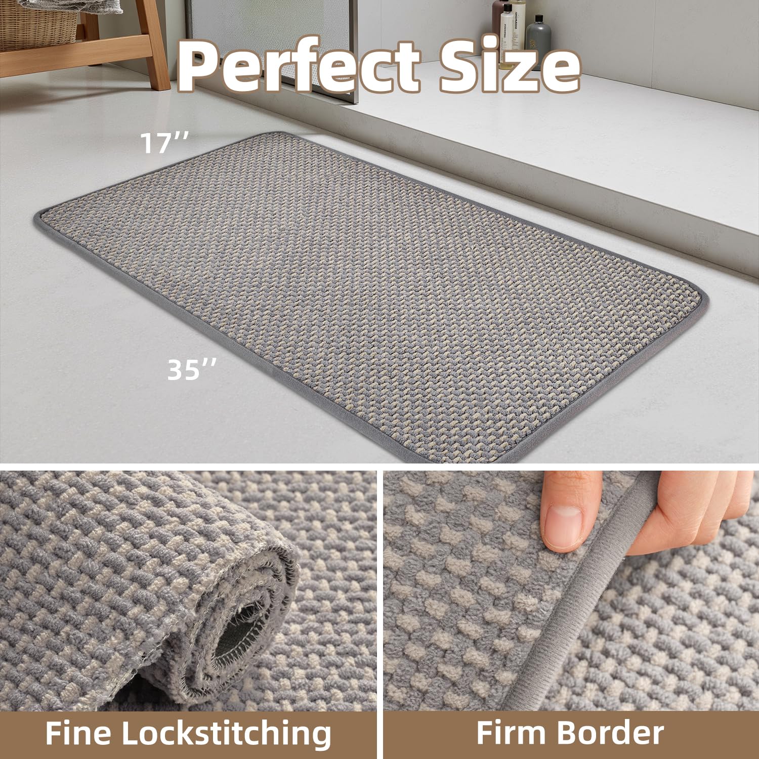 PADOOR-Bath Mat-Super Absorbent Chenille Bathroom Mats-Rubber Backed Bath Mats for Bathroom Non Slip, Machine Washable Bathroom Rugs Front of Bathtub,Shower Room,Sink-17×28, Beige&Cream