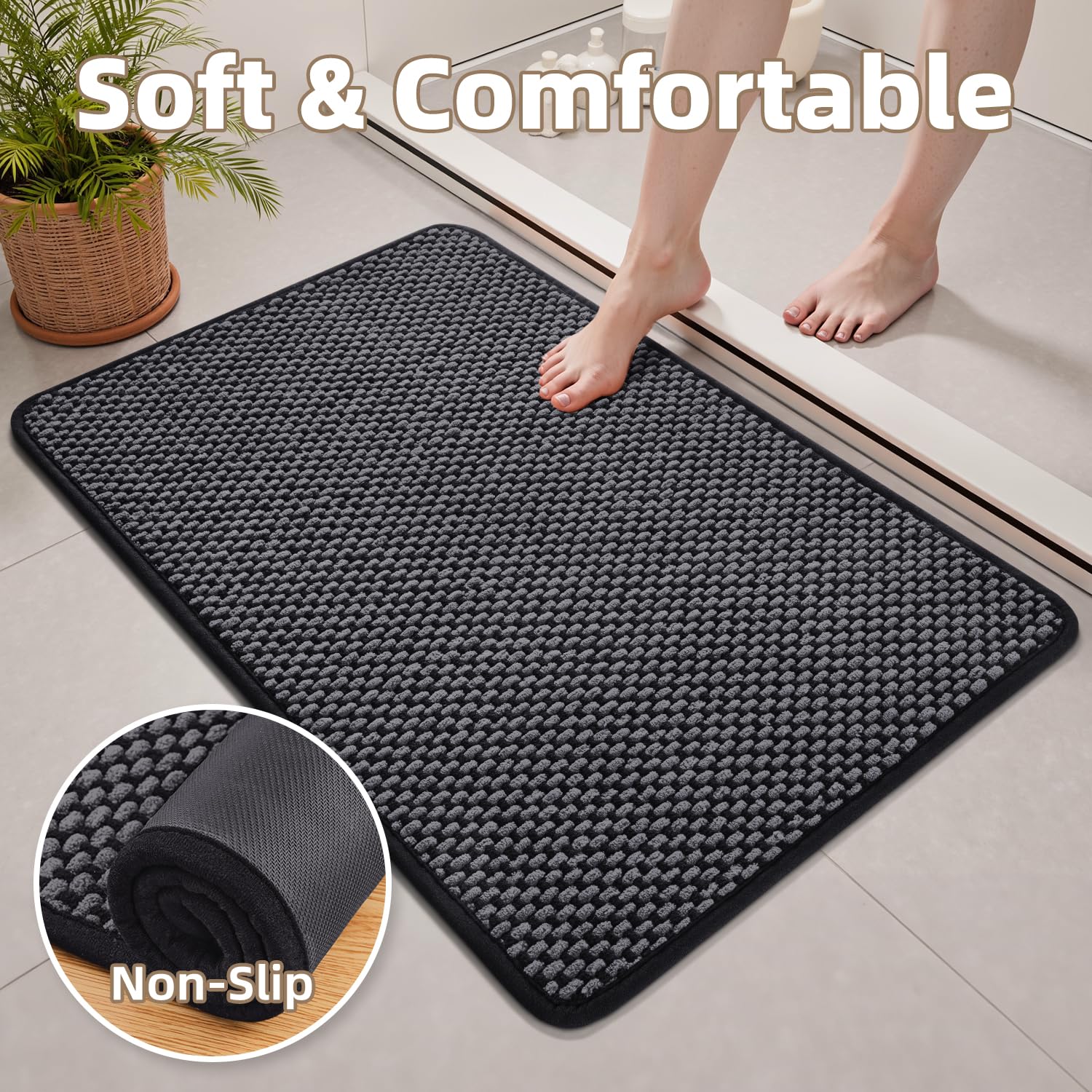 PADOOR-Bath Mat-Super Absorbent Chenille Bathroom Mats-Rubber Backed Bath Mats for Bathroom Non Slip, Machine Washable Bathroom Rugs Front of Bathtub,Shower Room,Sink-17×28, Beige&Cream