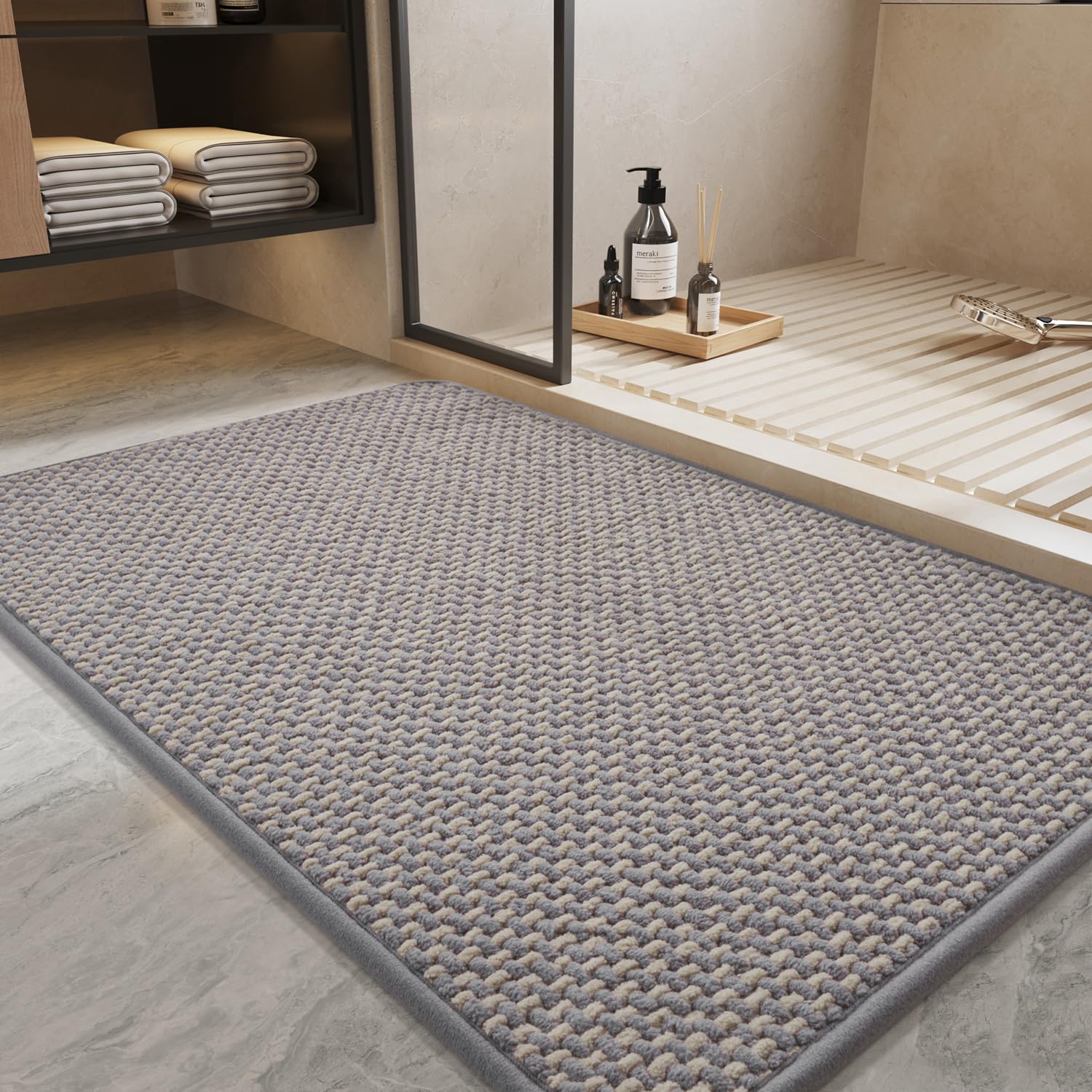 PADOOR-Bath Mat-Super Absorbent Chenille Bathroom Mats-Rubber Backed Bath Mats for Bathroom Non Slip, Machine Washable Bathroom Rugs Front of Bathtub,Shower Room,Sink-17×28, Beige&Cream