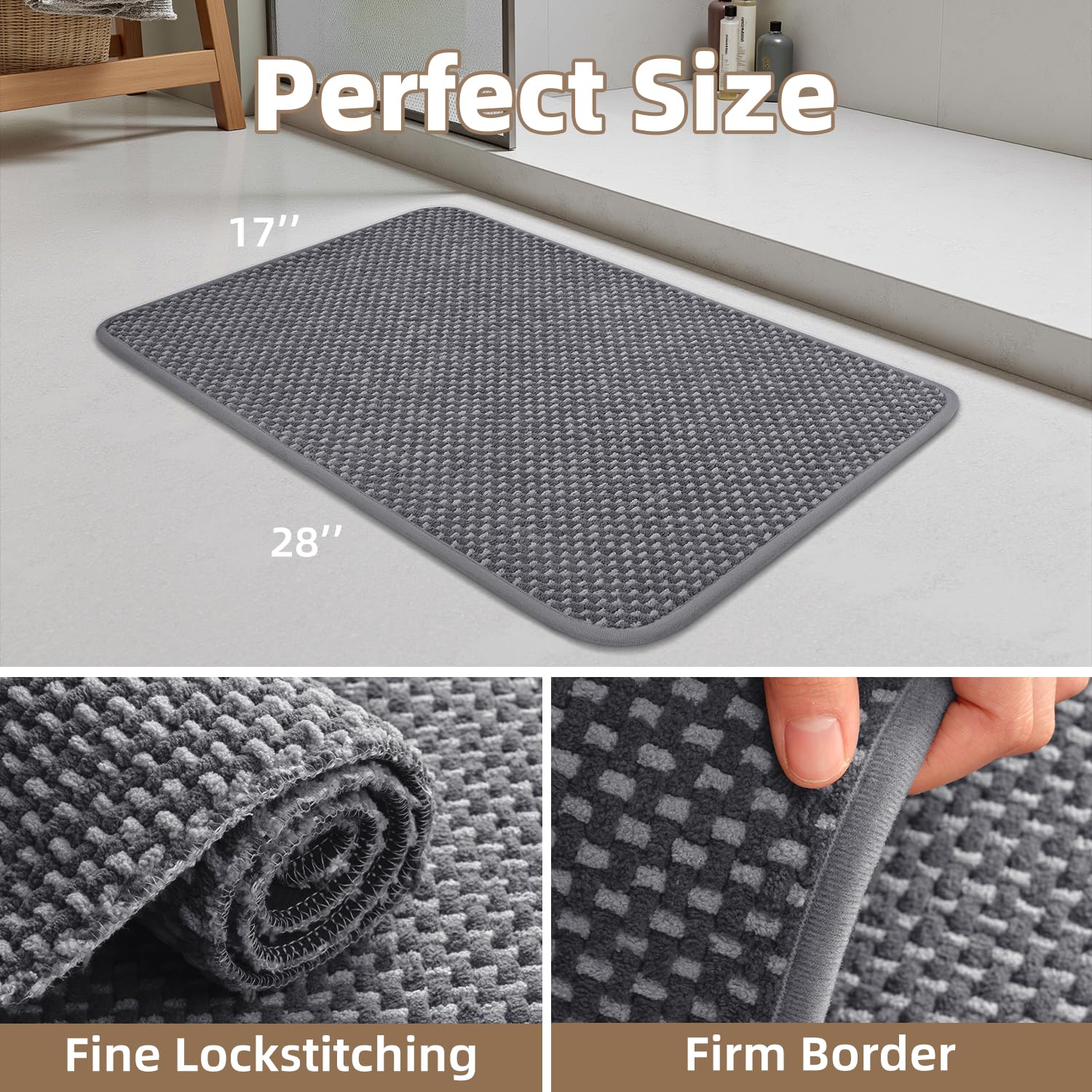 PADOOR-Bath Mat-Super Absorbent Chenille Bathroom Mats-Rubber Backed Bath Mats for Bathroom Non Slip, Machine Washable Bathroom Rugs Front of Bathtub,Shower Room,Sink-17×28, Beige&Cream