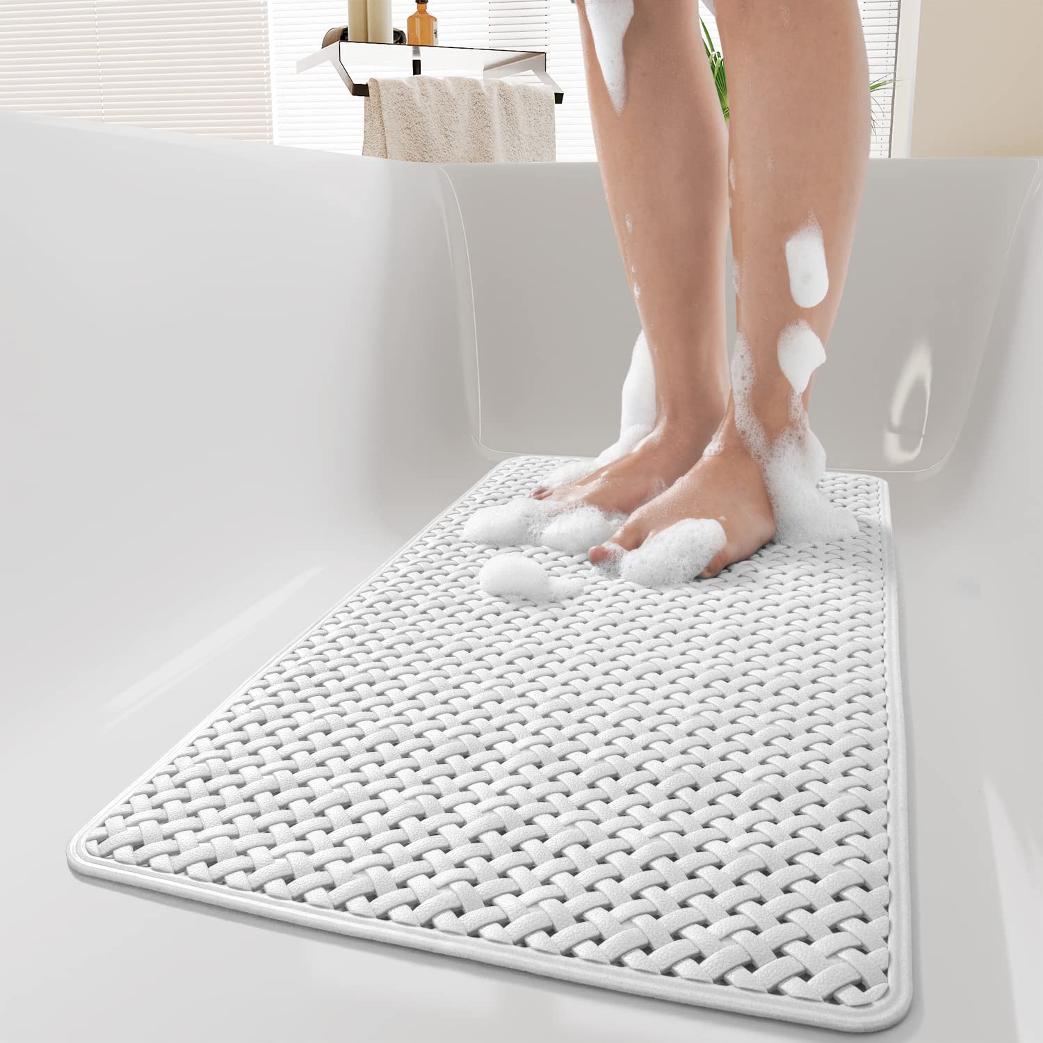 PADOOR Bathtub-Mat Non Slip with Suction Cups and Drain Holes, Machine Washable Shower Mat Anti Slip Bath Mat for Tub for Kids (14"x27" Gray)
