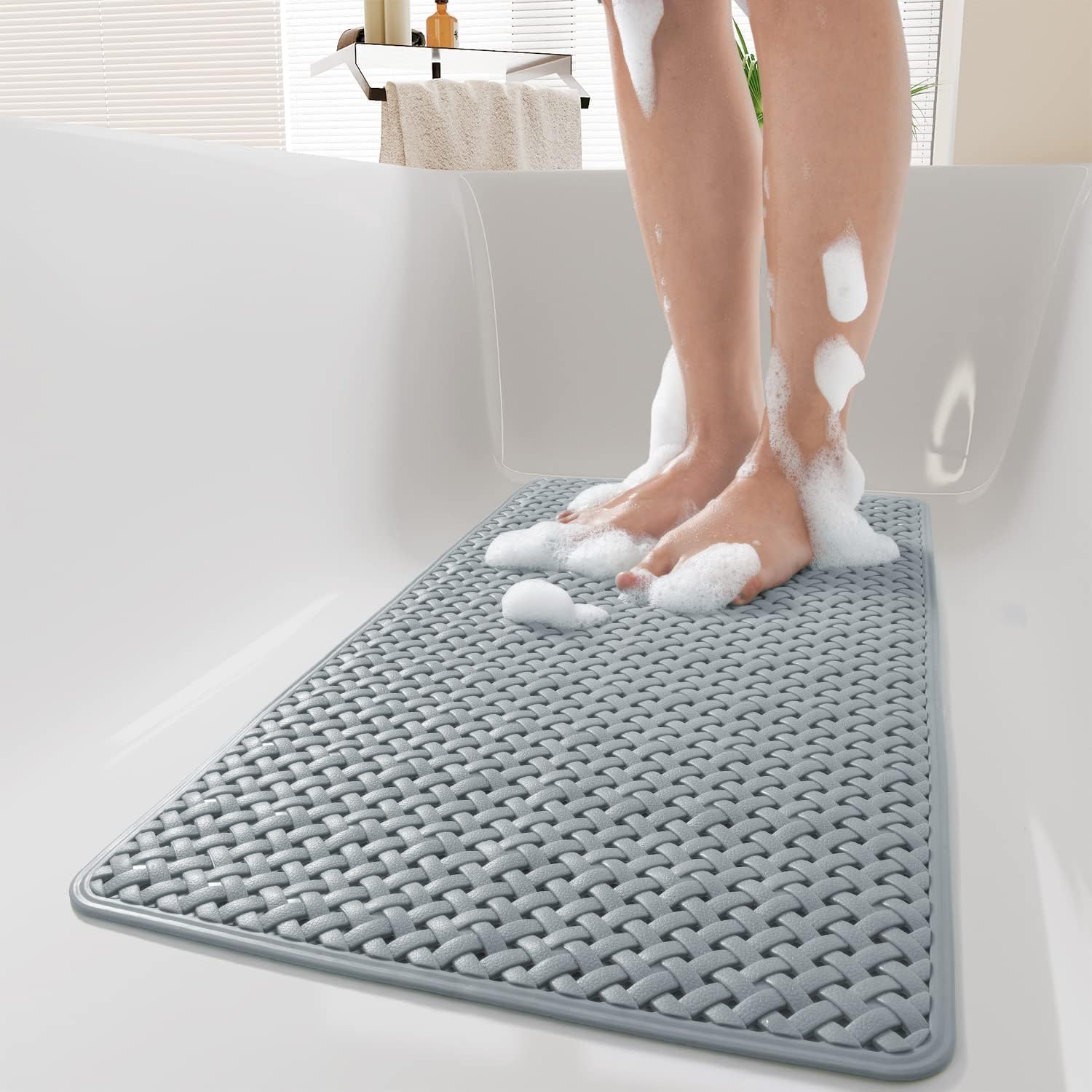 PADOOR Bathtub-Mat Set Non Slip with Suction Cups and Drain Holes, Shower Mat for Tub for Kids 14"x27"+16"x40",Grey