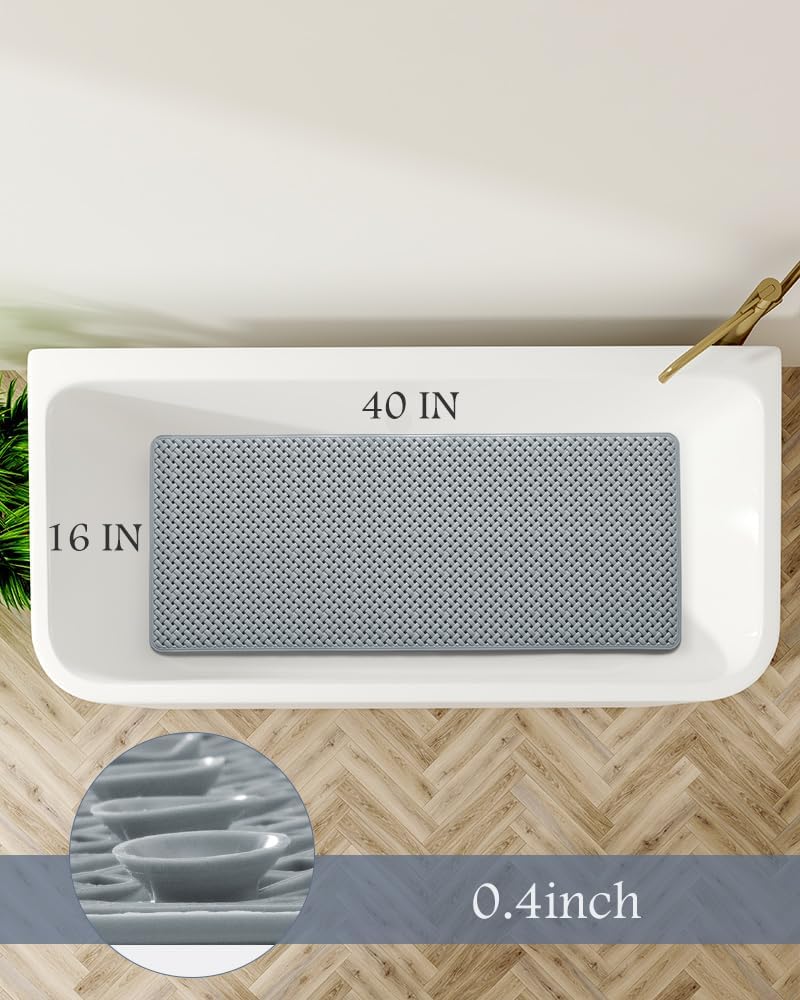PADOOR Bathtub-Mat Set Non Slip with Suction Cups and Drain Holes, Shower Mat for Tub for Kids 14"x27"+16"x40",Grey