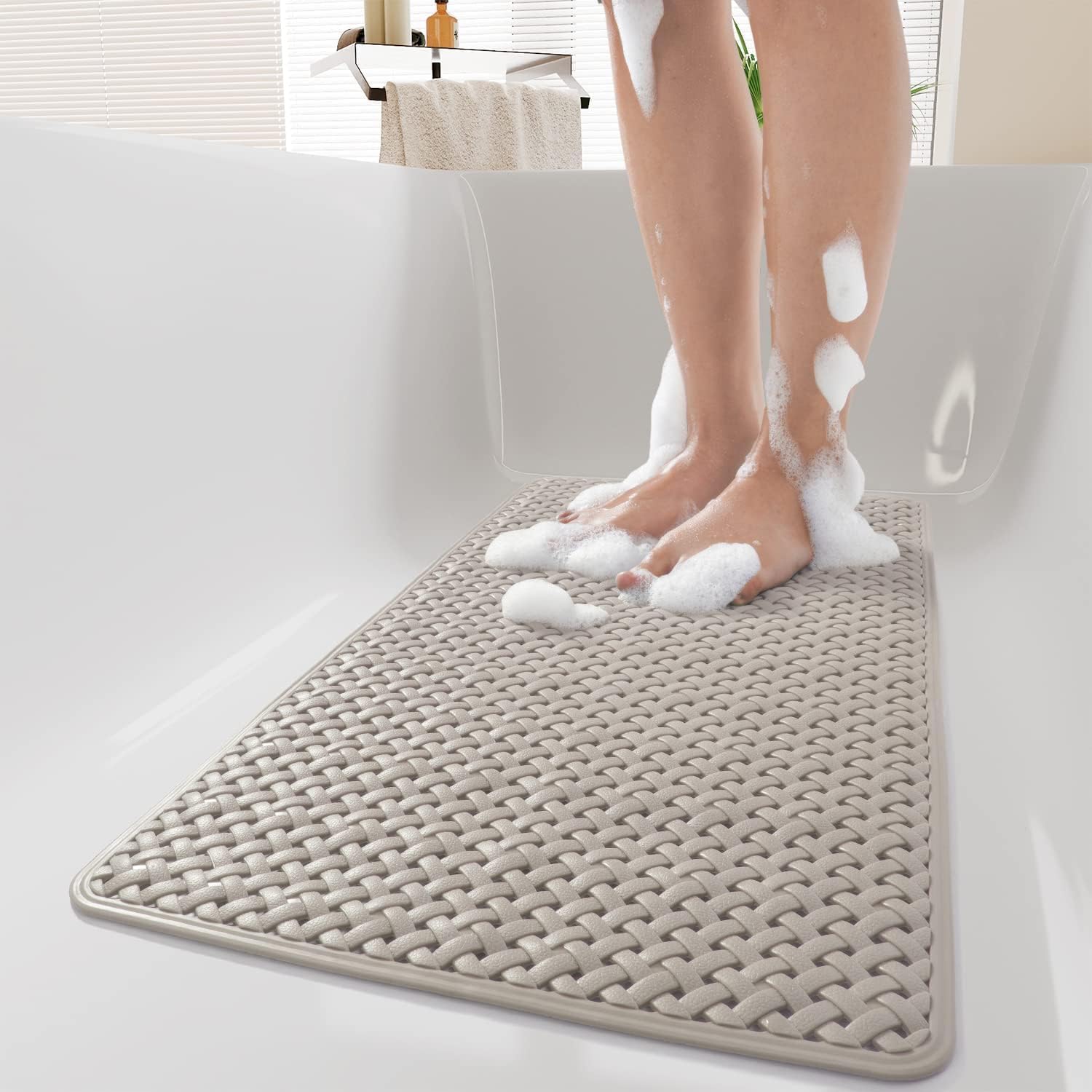 PADOOR Bathtub-Mat Set Non Slip with Suction Cups and Drain Holes, Shower Mat for Tub for Kids 17"x28"+24"x36",Khaki
