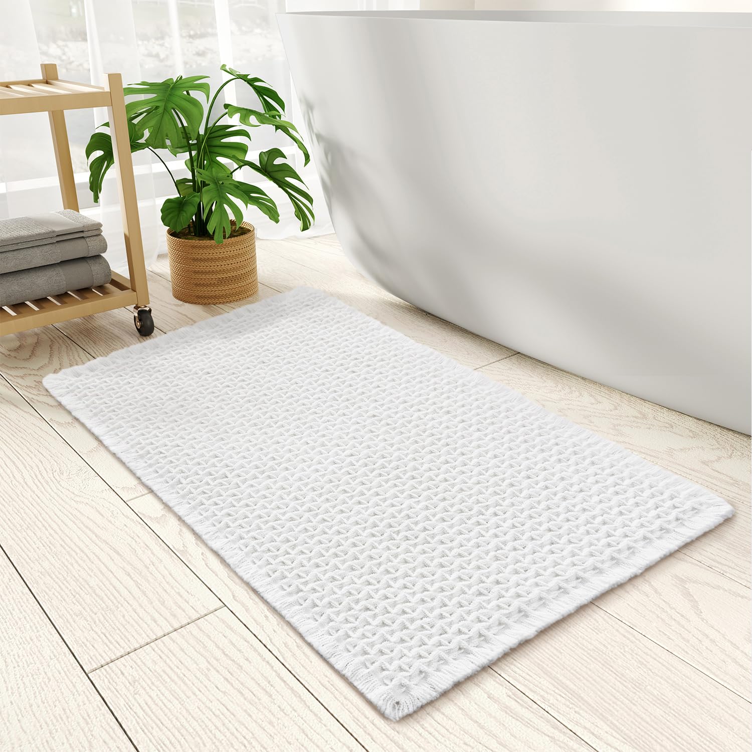 PADOOR Checkered Bath Mat, Super Absorbent Non Slip Bath Mats for Bathroom Floor 3D Two Tone Woven Bathroom Mat with Tassels Machine Washable Bathroom Rugs Beside Tub, 17" x 24", Brown & Cream