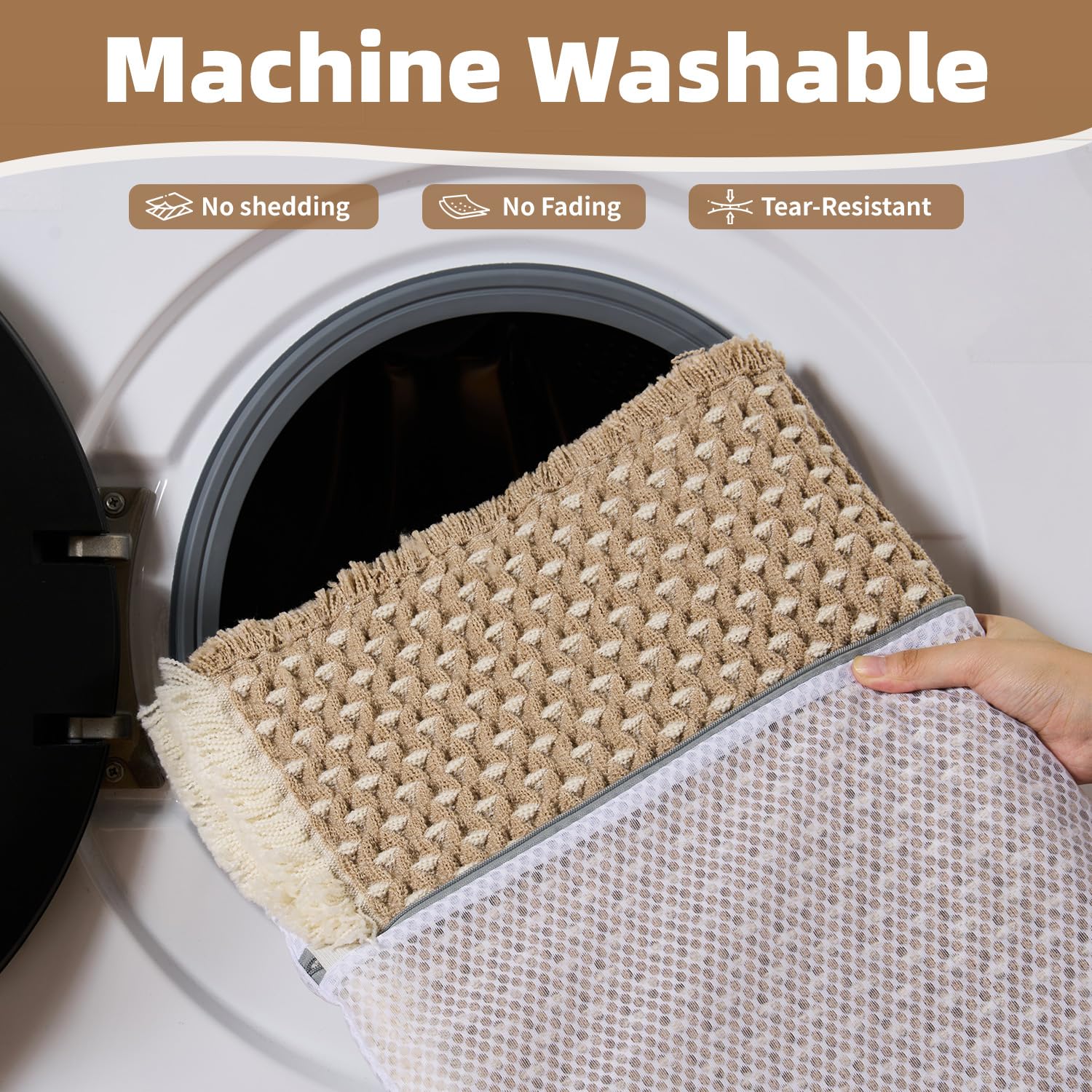 PADOOR Checkered Bath Mat, Super Absorbent Non Slip Bath Mats for Bathroom Floor 3D Two Tone Woven Bathroom Mat with Tassels Machine Washable Bathroom Rugs Beside Tub, 17" x 24", Brown & Cream