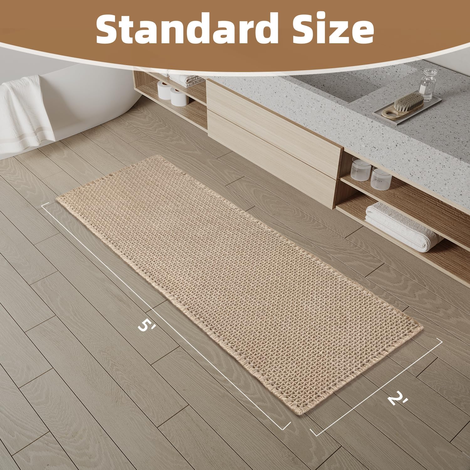 PADOOR Checkered Bath Mat, Super Absorbent Non Slip Bath Mats for Bathroom Floor 3D Two Tone Woven Bathroom Mat with Tassels Machine Washable Bathroom Rugs Beside Tub, 17" x 24", Brown & Cream