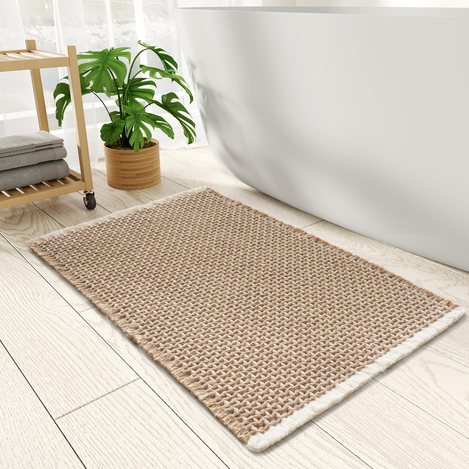 PADOOR Checkered Bath Mat, Super Absorbent Non Slip Bath Mats for Bathroom Floor 3D Two Tone Woven Bathroom Mat with Tassels Machine Washable Bathroom Rugs Beside Tub, 17" x 24", Brown & Cream