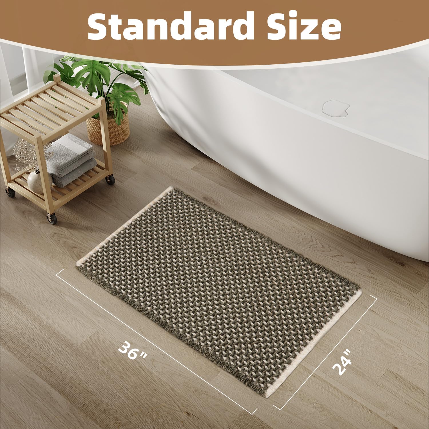 PADOOR Checkered Bath Mat, Super Absorbent Non Slip Bath Mats for Bathroom Floor 3D Two Tone Woven Bathroom Mat with Tassels Machine Washable Bathroom Rugs Beside Tub, 17" x 24", Brown & Cream
