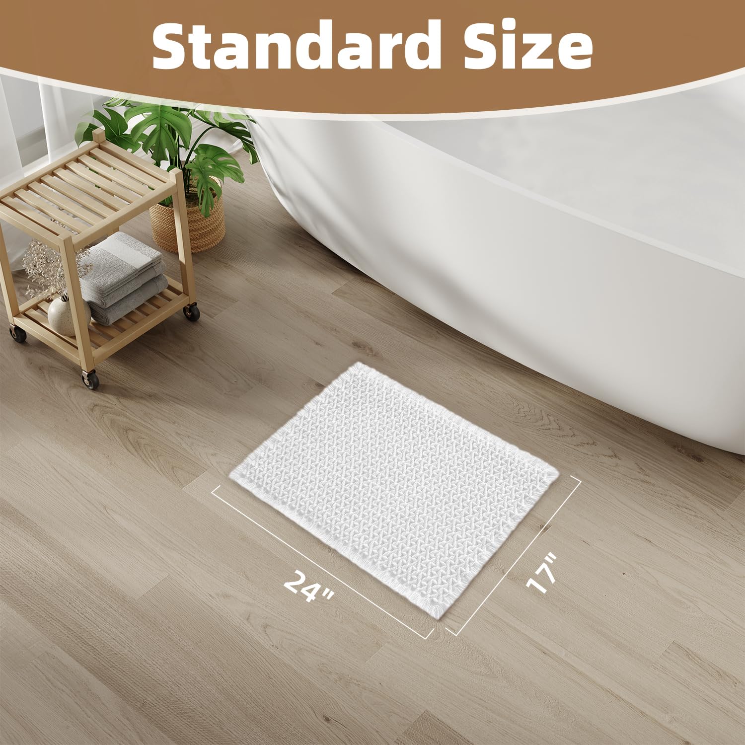PADOOR Checkered Bath Mat, Super Absorbent Non Slip Bath Mats for Bathroom Floor 3D Two Tone Woven Bathroom Mat with Tassels Machine Washable Bathroom Rugs Beside Tub, 17" x 24", Brown & Cream