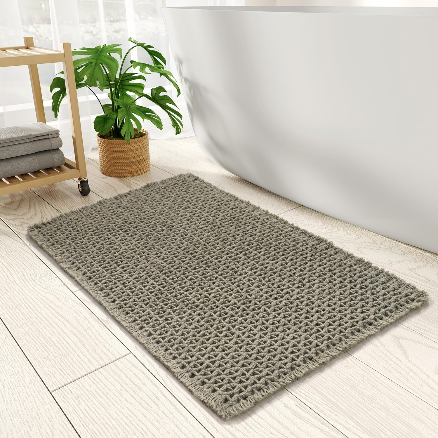 PADOOR Checkered Bath Mat, Super Absorbent Non Slip Bath Mats for Bathroom Floor 3D Two Tone Woven Bathroom Mat with Tassels Machine Washable Bathroom Rugs Beside Tub, 17" x 24", Brown & Cream