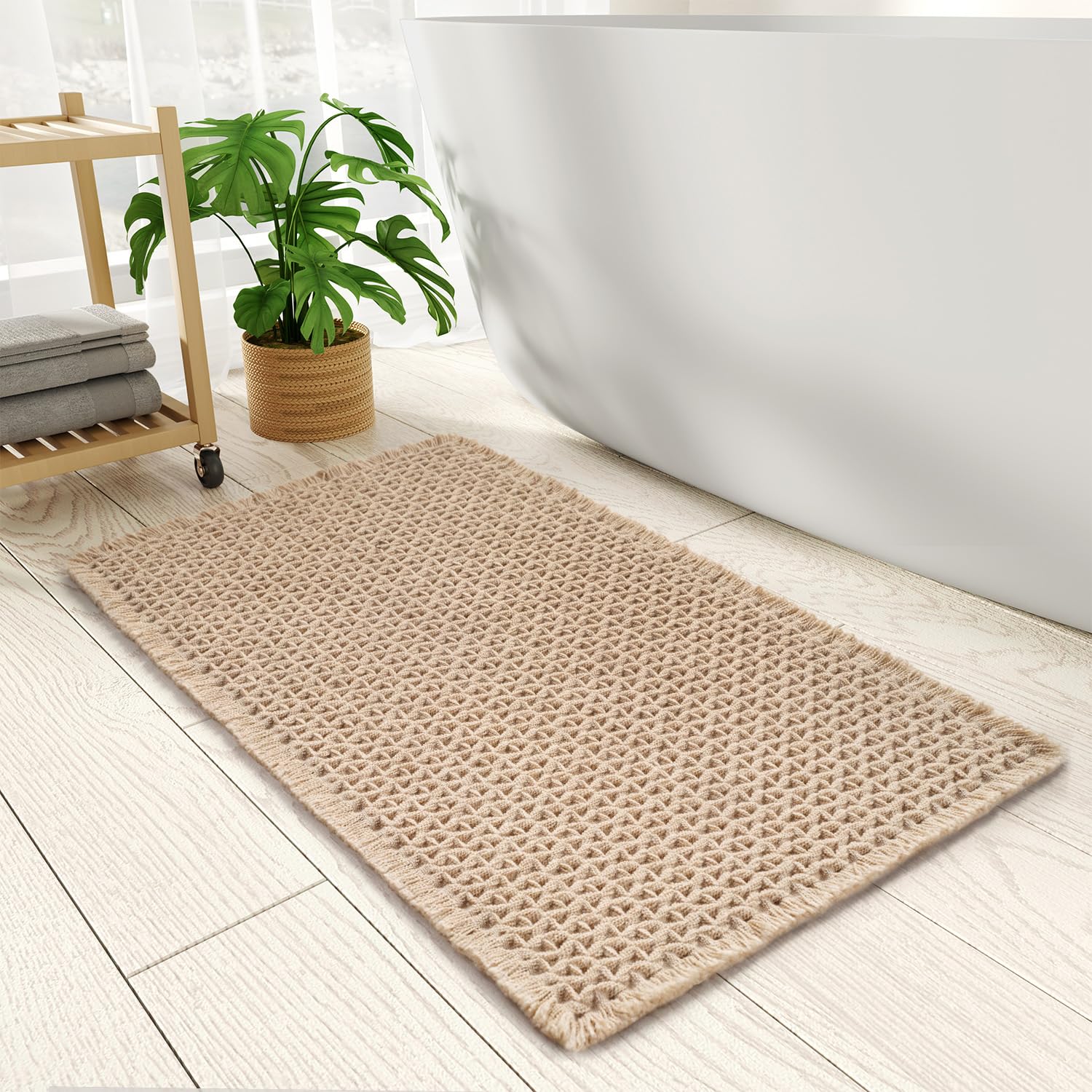 PADOOR Checkered Bath Mat, Super Absorbent Non Slip Bath Mats for Bathroom Floor 3D Two Tone Woven Bathroom Mat with Tassels Machine Washable Bathroom Rugs Beside Tub, 17" x 24", Brown & Cream