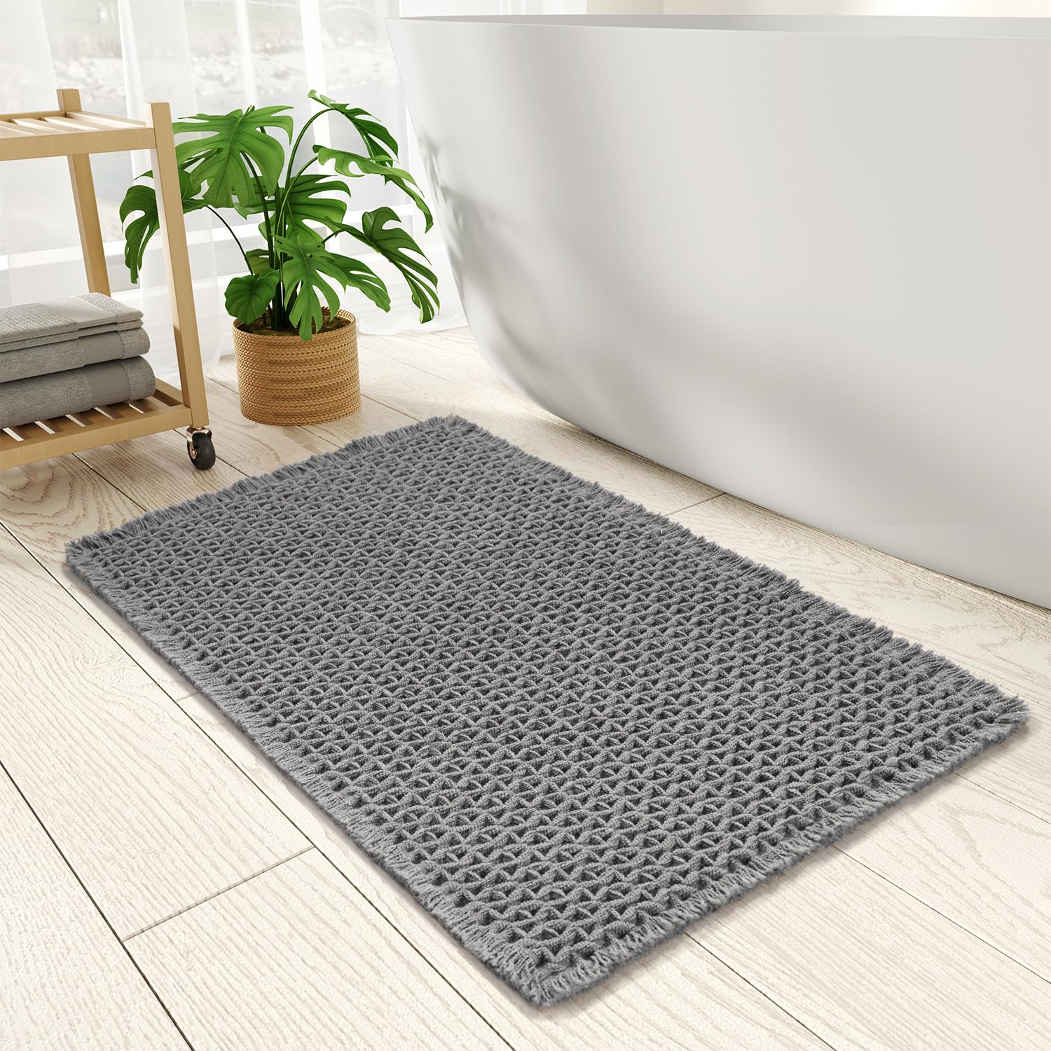 PADOOR Checkered Bath Mat, Super Absorbent Non Slip Bath Mats for Bathroom Floor 3D Two Tone Woven Bathroom Mat with Tassels Machine Washable Bathroom Rugs Beside Tub, 17" x 24", Brown & Cream