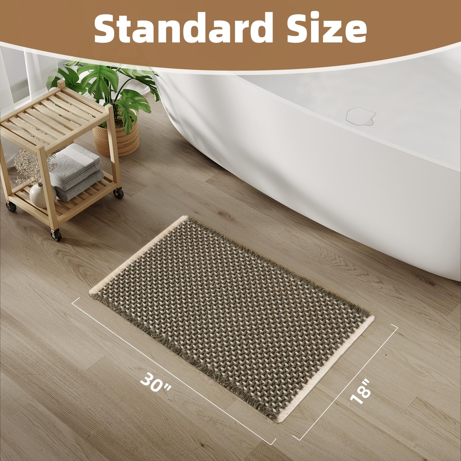 PADOOR Checkered Bath Mat, Super Absorbent Non Slip Bath Mats for Bathroom Floor 3D Two Tone Woven Bathroom Mat with Tassels Machine Washable Bathroom Rugs Beside Tub, 17" x 24", Brown & Cream