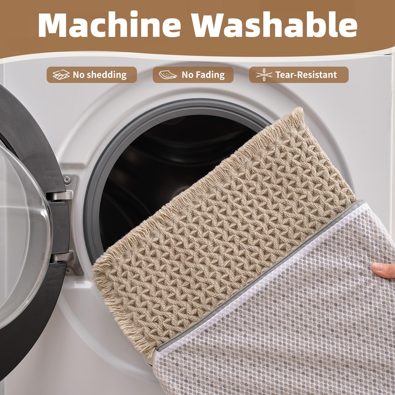 PADOOR Checkered Bath Mat, Super Absorbent Non Slip Bath Mats for Bathroom Floor 3D Two Tone Woven Bathroom Mat with Tassels Machine Washable Bathroom Rugs Beside Tub, 17" x 24", Brown & Cream