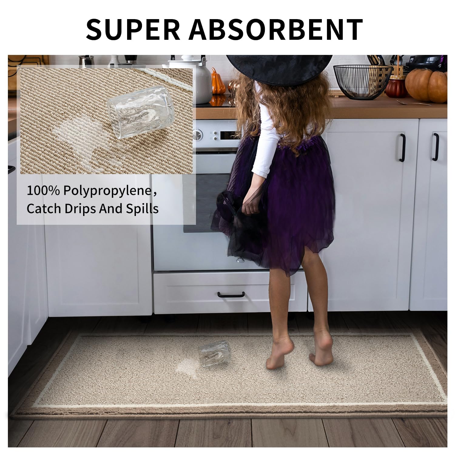 PADOOR Kitchen-Mats for Floor 100% Polypropylene Kitchen Rugs Non Slip Washable, Durable Dirt Resist Half Circle Rug TPR Backed Kitchen Floor Mat, 18"x28", Beige