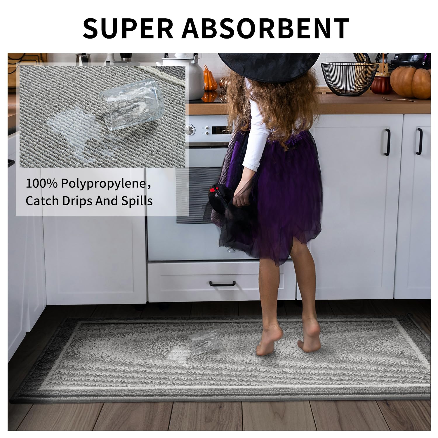 PADOOR Kitchen-Mats for Floor 100% Polypropylene Kitchen Rugs Non Slip Washable, Durable Dirt Resist Half Circle Rug TPR Backed Kitchen Floor Mat, 18"x28", Beige