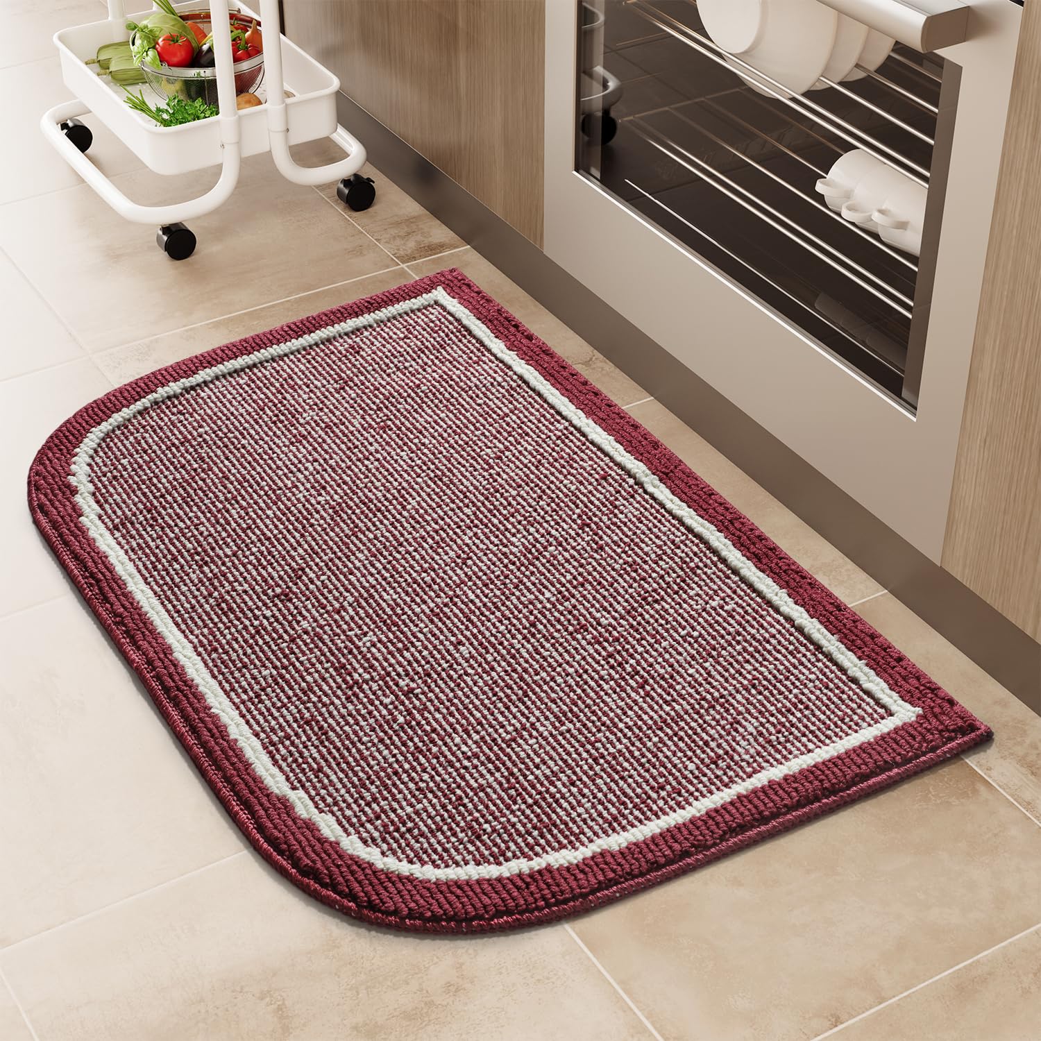 PADOOR Kitchen-Mats for Floor 100% Polypropylene Kitchen Rugs Non Slip Washable, Durable Dirt Resist Half Circle Rug TPR Backed Kitchen Floor Mat, 18"x28", Beige