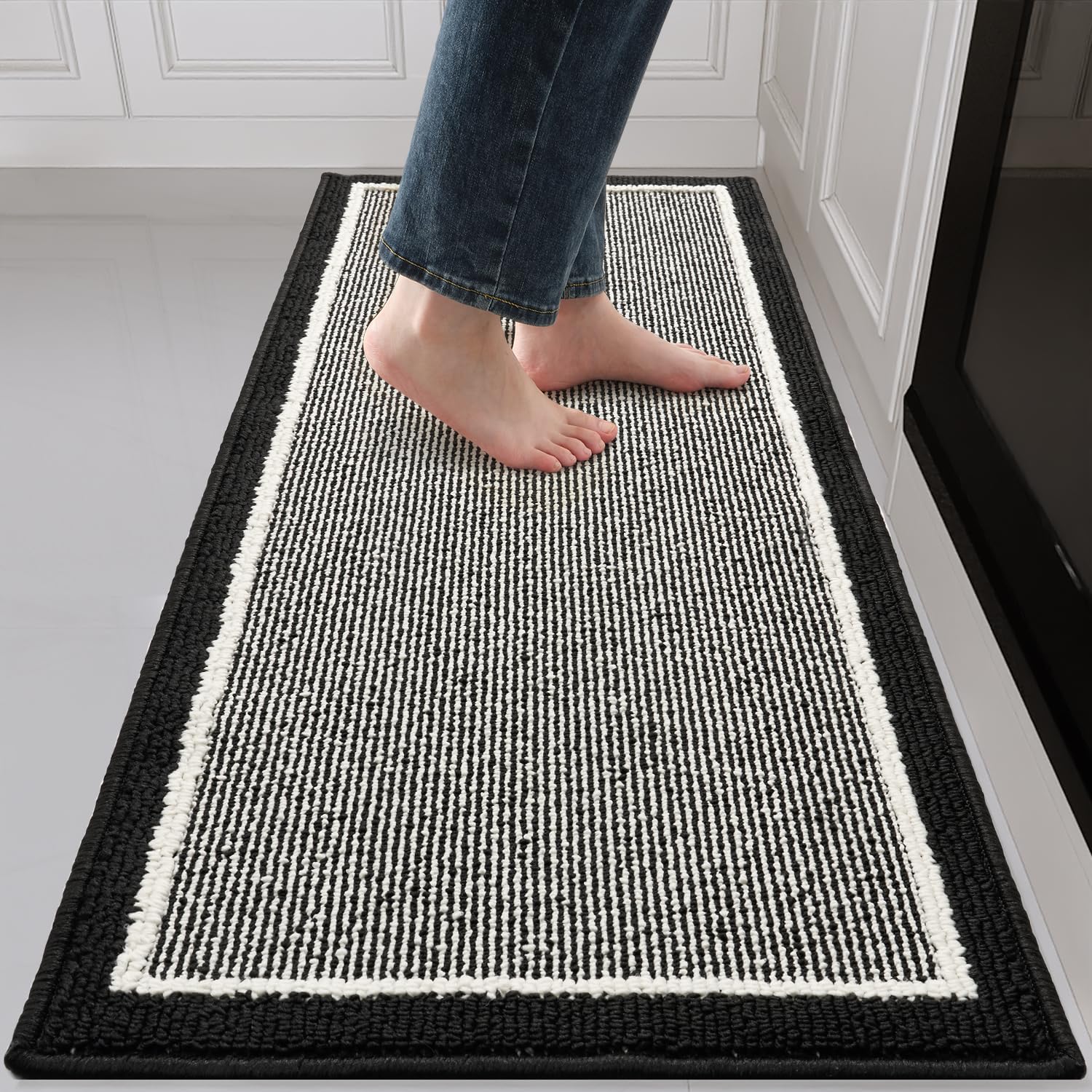 PADOOR Kitchen-Mats for Floor 100% Polypropylene Kitchen Rugs Non Slip Washable, Durable Dirt Resist Half Circle Rug TPR Backed Kitchen Floor Mat, 18"x28", Beige
