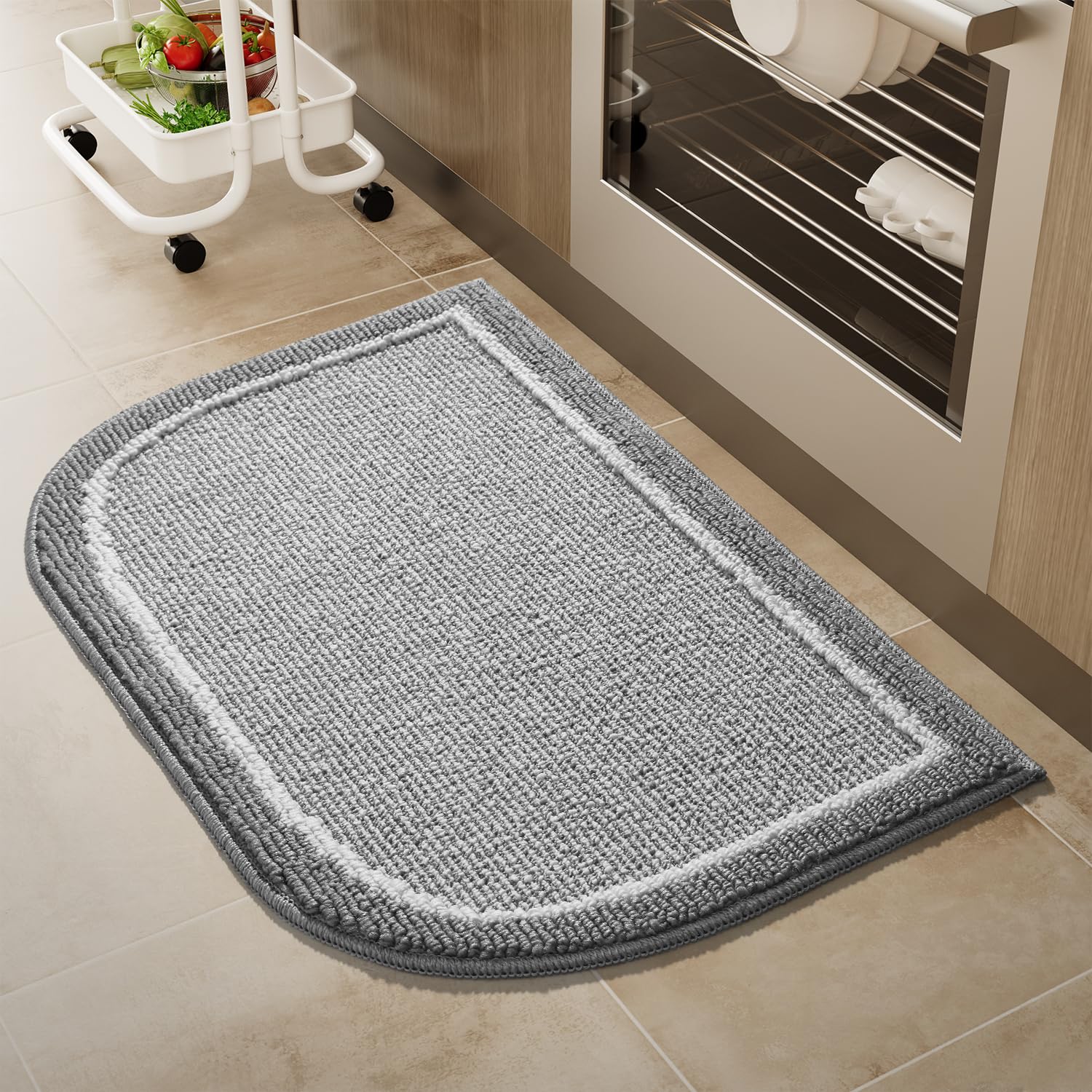 PADOOR Kitchen-Mats for Floor 100% Polypropylene Kitchen Rugs Non Slip Washable, Durable Dirt Resist Half Circle Rug TPR Backed Kitchen Floor Mat, 18"x28", Beige