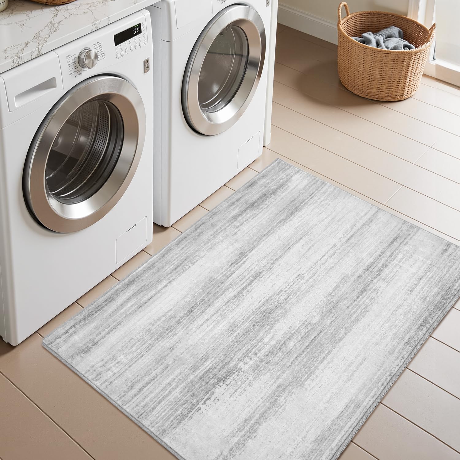 PADOOR Modern Abstract Runner Rug - 2x6 Washable Hallway Rugs, Ultra Soft Non-Slip Low Pile Floor Rugs for Hallway Entryway Kitchen Bedroom Bedside Laundry Room Grey