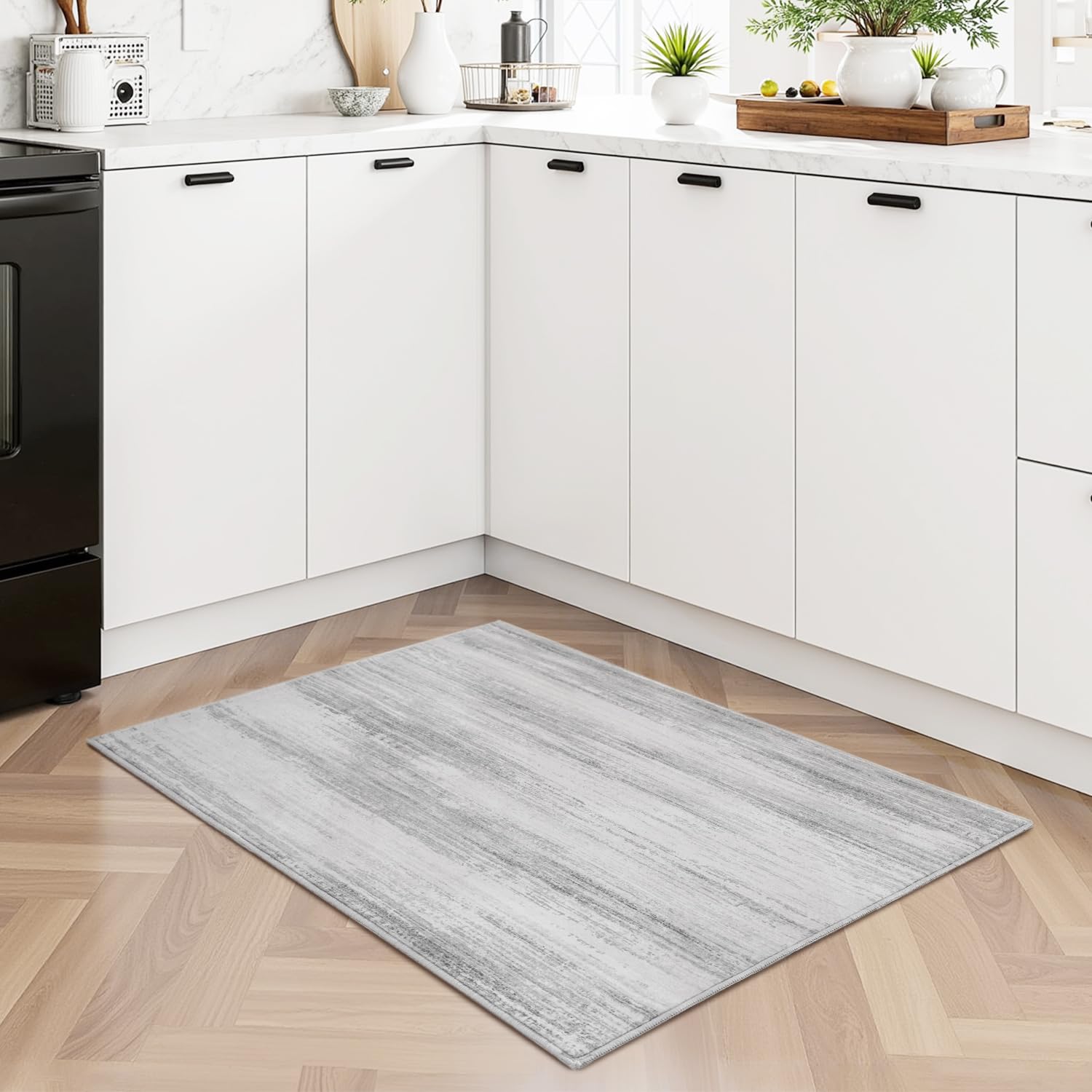 PADOOR Modern Abstract Runner Rug - 2x6 Washable Hallway Rugs, Ultra Soft Non-Slip Low Pile Floor Rugs for Hallway Entryway Kitchen Bedroom Bedside Laundry Room Grey