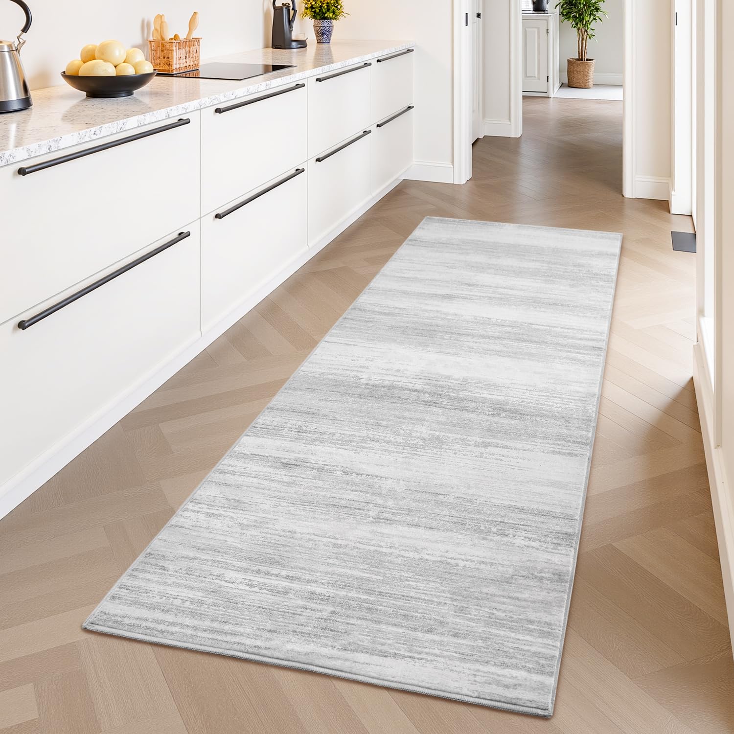PADOOR Modern Abstract Runner Rug - 2x6 Washable Hallway Rugs, Ultra Soft Non-Slip Low Pile Floor Rugs for Hallway Entryway Kitchen Bedroom Bedside Laundry Room Grey