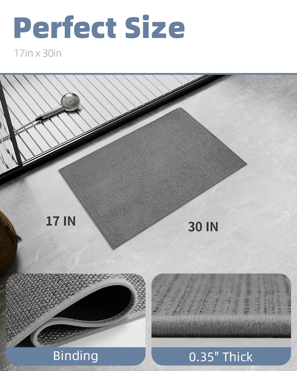 PADOOR Non-Slip Bath Mat With Rubber-Backing, Braided Absorbent Machine Washable Thin Rug for Bathroom Floor, Quick Dry, Fits Under Door, 17''x24'' Beige