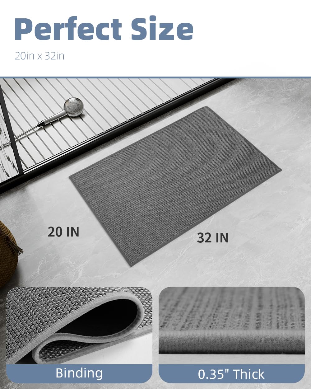 PADOOR Non-Slip Bath Mat With Rubber-Backing, Braided Absorbent Machine Washable Thin Rug for Bathroom Floor, Quick Dry, Fits Under Door, 17''x24'' Beige