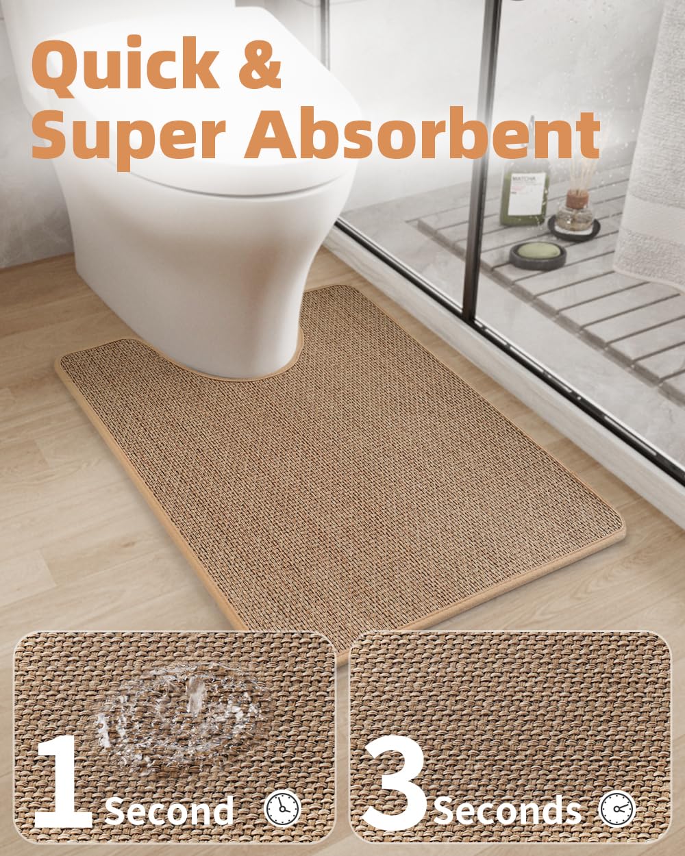 PADOOR Non-Slip Bath Mat With Rubber-Backing, Braided Absorbent Machine Washable Thin Rug for Bathroom Floor, Quick Dry, Fits Under Door, 17''x24'' Beige