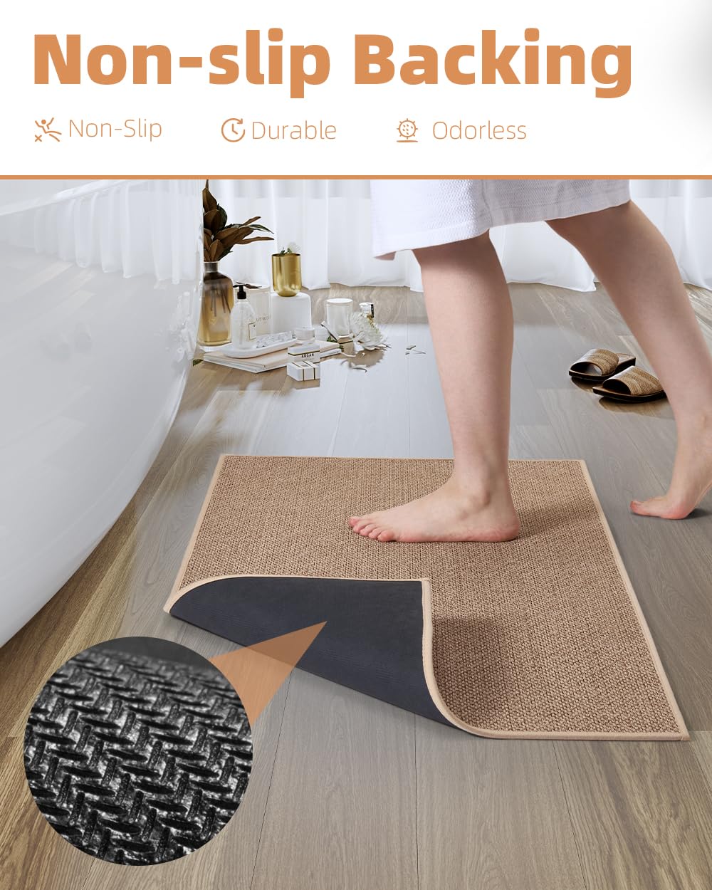 PADOOR Non-Slip Bath Mat With Rubber-Backing, Braided Absorbent Machine Washable Thin Rug for Bathroom Floor, Quick Dry, Fits Under Door, 17''x24'' Beige