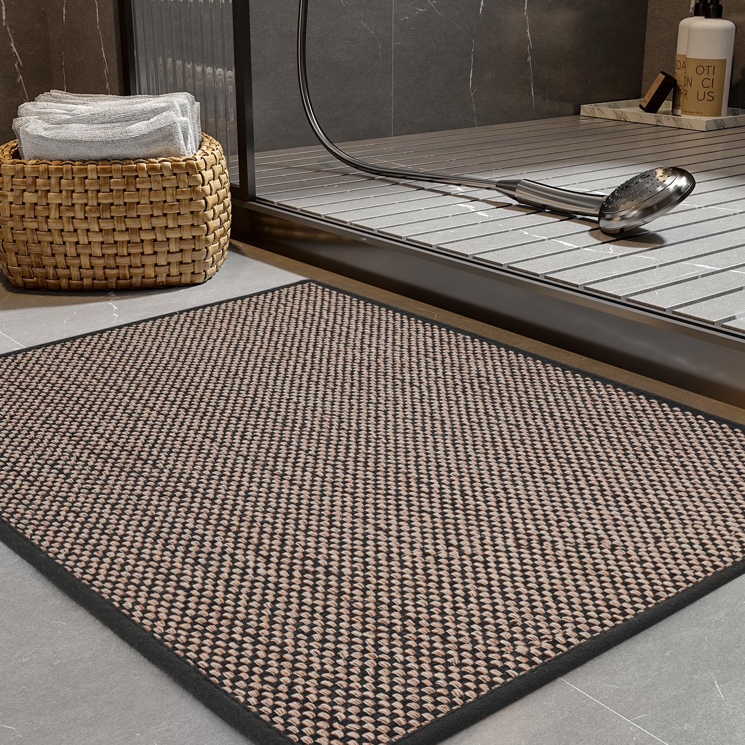 PADOOR Non-Slip Bath Mat With Rubber-Backing, Braided Absorbent Machine Washable Thin Rug for Bathroom Floor, Quick Dry, Fits Under Door, 17''x24'' Beige