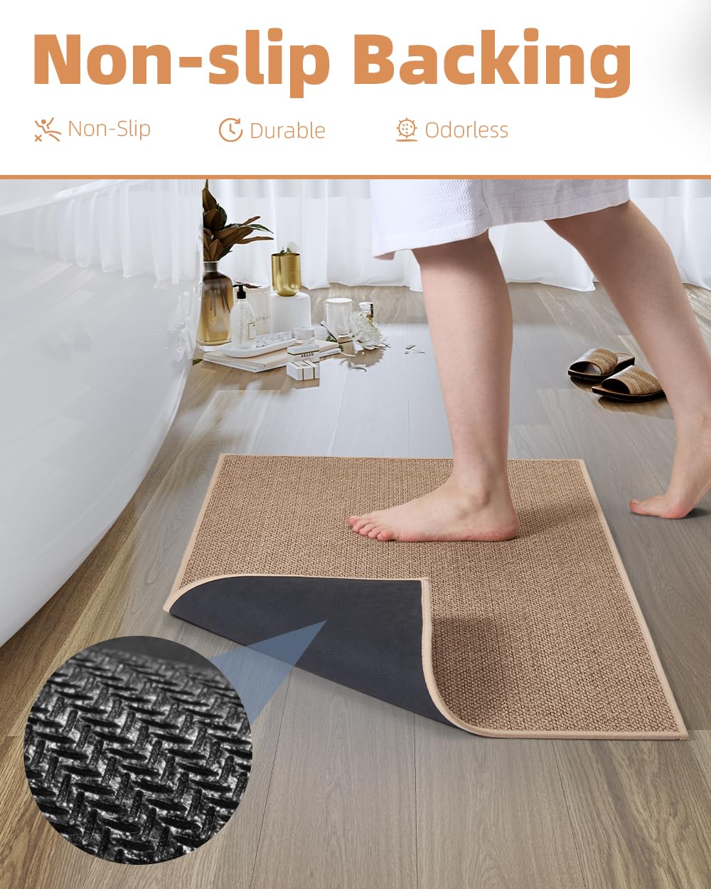 PADOOR Non-Slip Bath Mat With Rubber-Backing, Braided Absorbent Machine Washable Thin Rug for Bathroom Floor, Quick Dry, Fits Under Door, 17''x24'' Beige