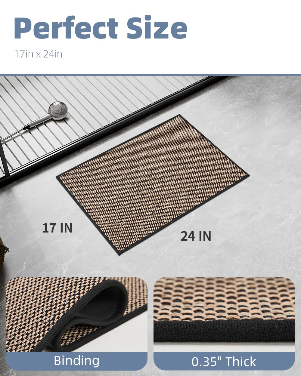 PADOOR Non-Slip Bath Mat With Rubber-Backing, Braided Absorbent Machine Washable Thin Rug for Bathroom Floor, Quick Dry, Fits Under Door, 17''x24'' Beige