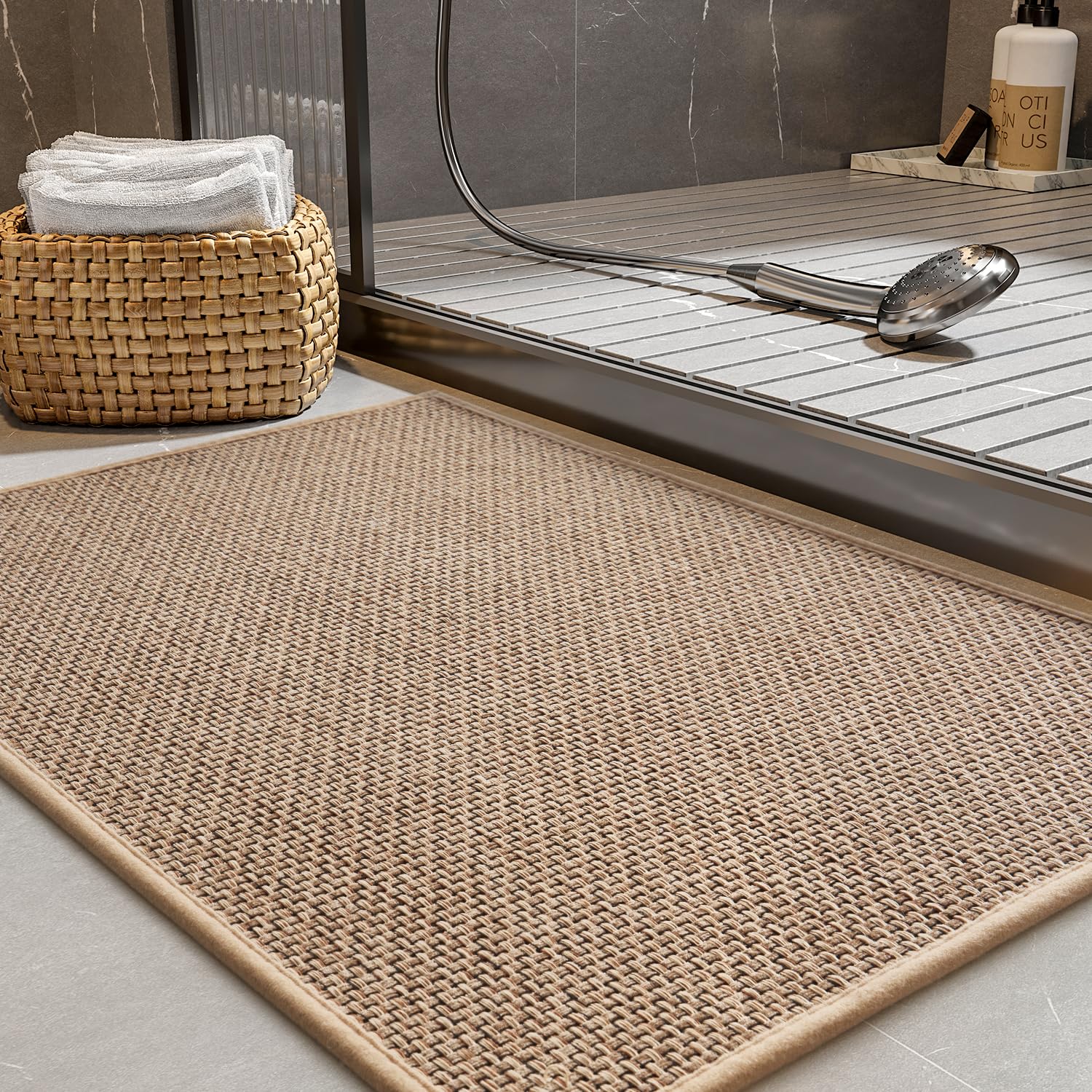 PADOOR Non-Slip Bath Mat With Rubber-Backing, Braided Absorbent Machine Washable Thin Rug for Bathroom Floor, Quick Dry, Fits Under Door, 17''x24'' Beige