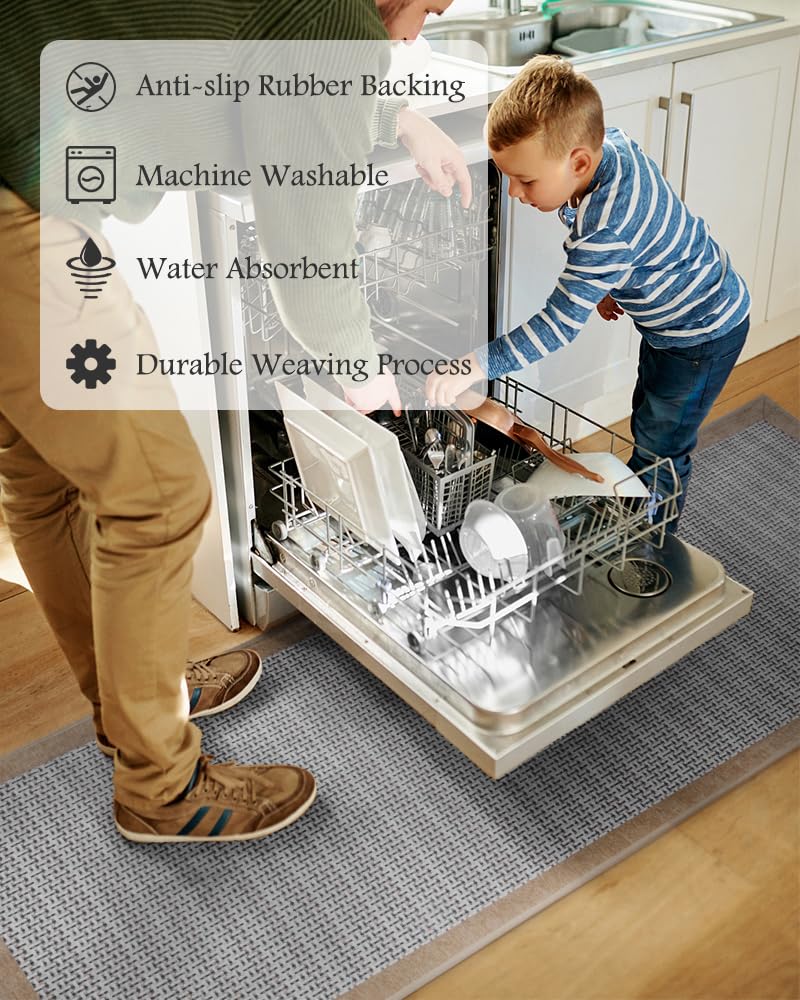 PADOOR Non Slip Kitchen Rugs Sets of 2 - Extra Large 2.5'x6' + 20"x32" Runner Rugs for Kitchen Floor Non Skid Washable, Absorbent Kitchen Mat for in Front of Sink 2 Piece Grey