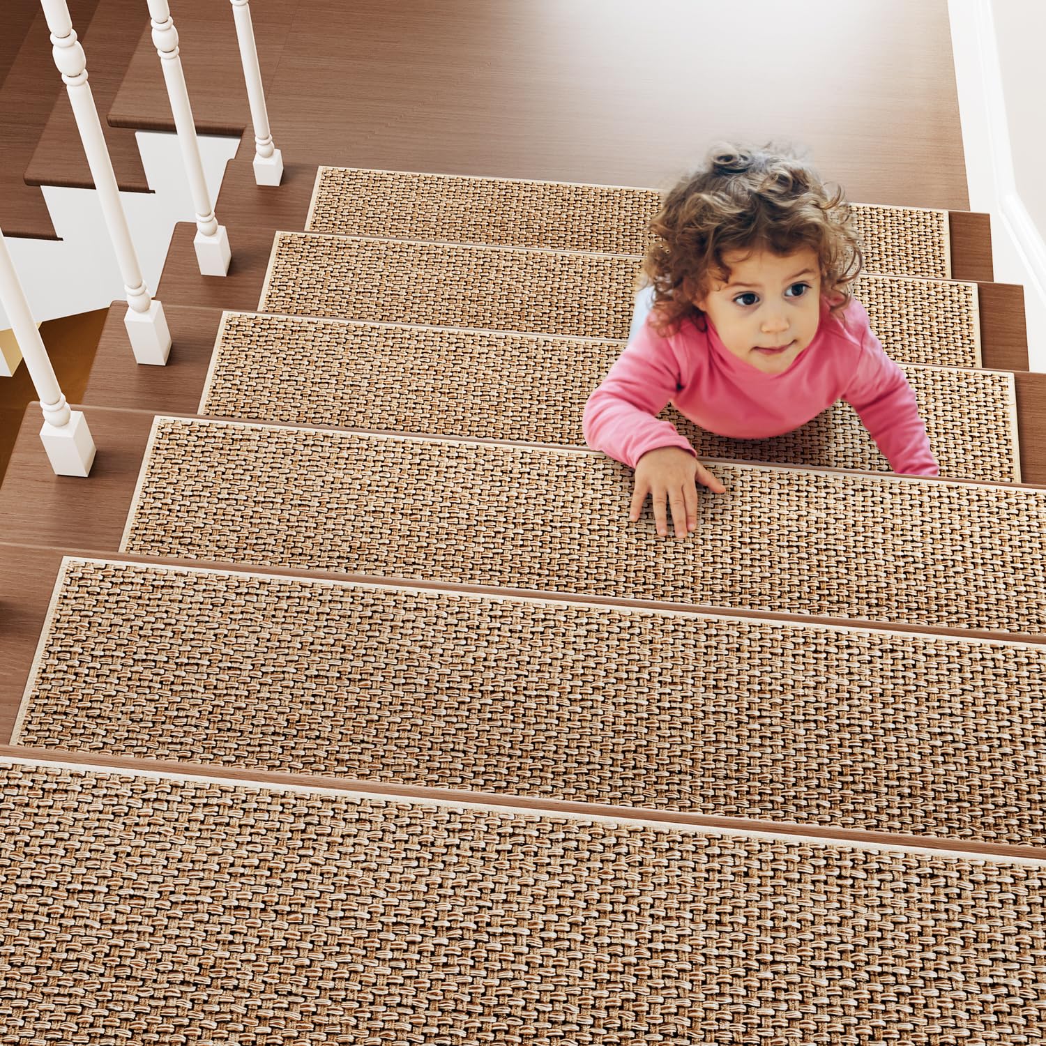 PADOOR Non Slip Stair-Treads,Rubber Backing Stair-Runners for Wooden Steps,15PCS Residue Free Carpet Stair Treads for Kids and Dogs 8"x30" Beige