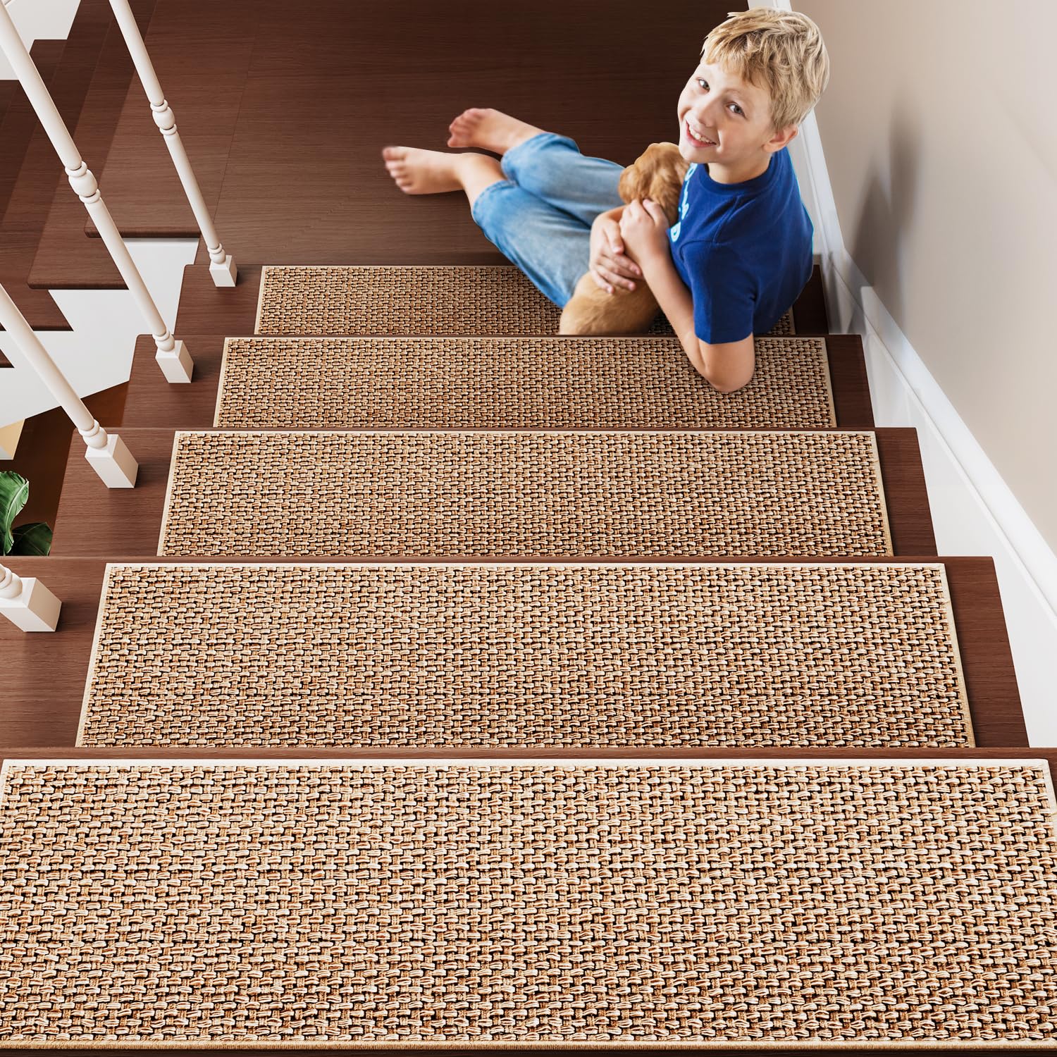 PADOOR Non Slip Stair-Treads,Rubber Backing Stair-Runners for Wooden Steps,15PCS Residue Free Carpet Stair Treads for Kids and Dogs 8"x30" Beige