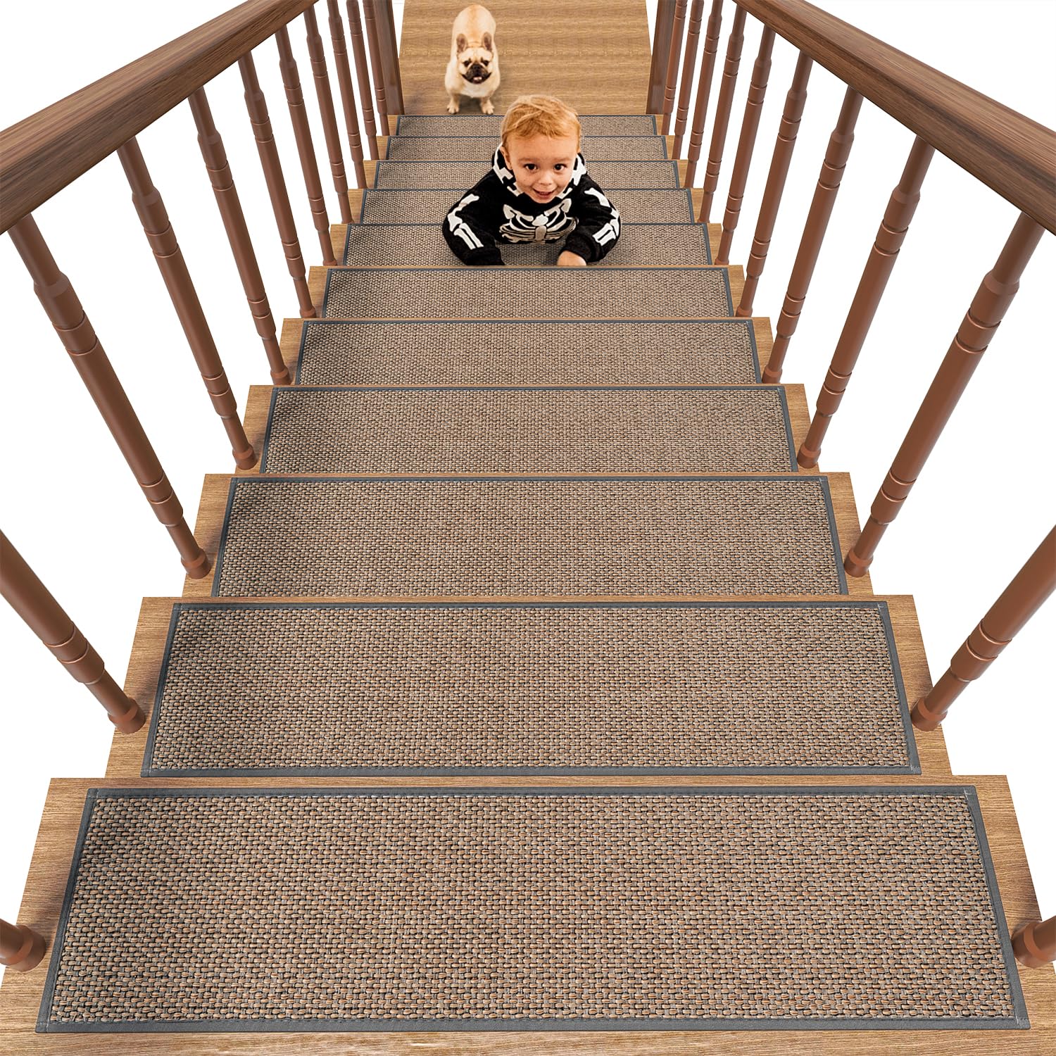 PADOOR Non Slip Stair-Treads,Rubber Backing Stair-Runners for Wooden Steps,15PCS Residue Free Carpet Stair Treads for Kids and Dogs 8"x30" Beige