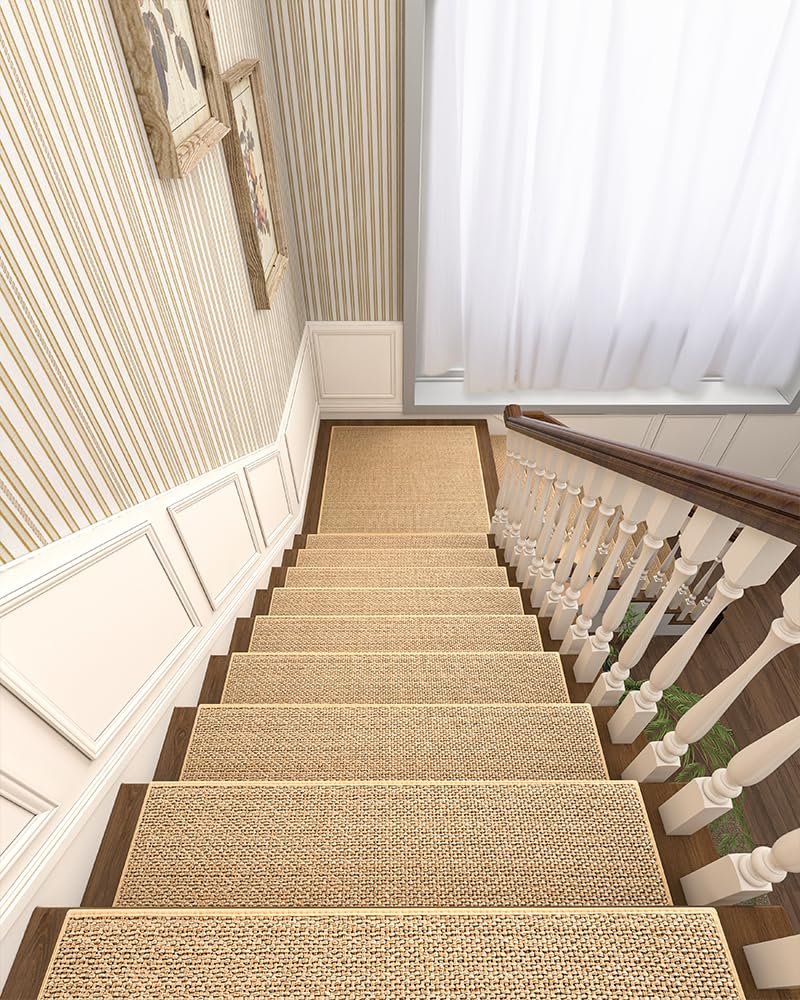 PADOOR Non Slip Stair-Treads,Rubber Backing Stair-Runners for Wooden Steps,15PCS Residue Free Carpet Stair Treads for Kids and Dogs 8"x30" Beige