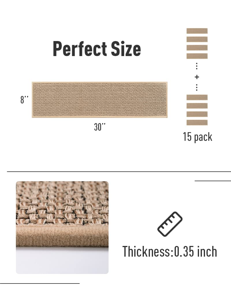 PADOOR Non Slip Stair-Treads,Rubber Backing Stair-Runners for Wooden Steps,15PCS Residue Free Carpet Stair Treads for Kids and Dogs 8"x30" Beige