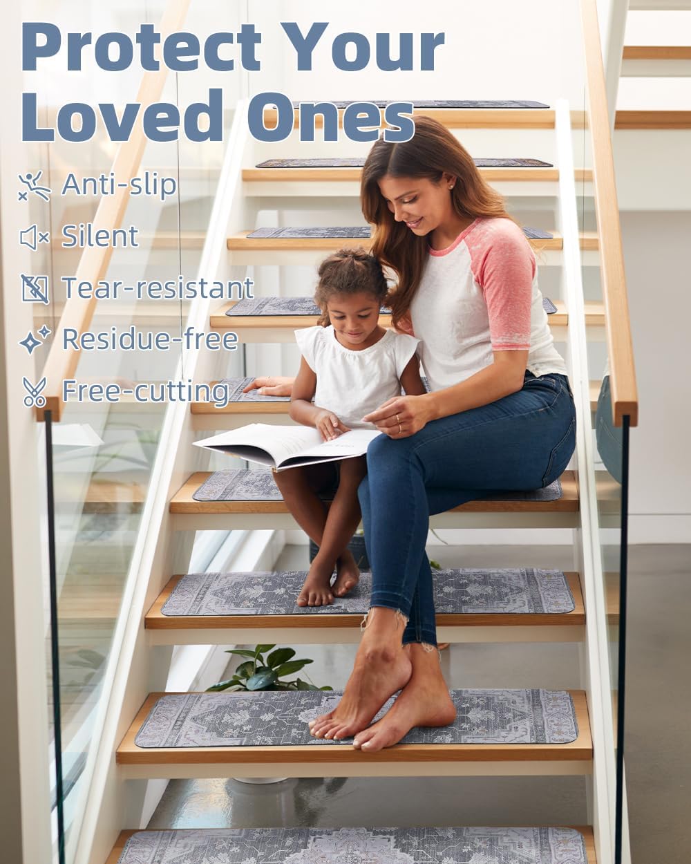 PADOOR Stair-Treads Non Slip for Wooden Steps, 15psc Rubber Backing 8" X 30" Staircase Step Treads Indoor Residue Free, Reusable Carpet Stair Treads Waterproof Stair Runner for Dogs, Kids - Grey