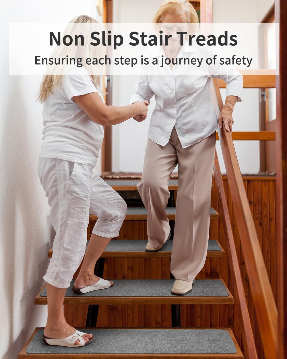PADOOR Stair-Treads Non Slip, Reusable Stair-Runners for Wooden Steps 15PCS Adhesive Backing Carpet Stair Treads for Kids and Dogs 30"X8" Grey