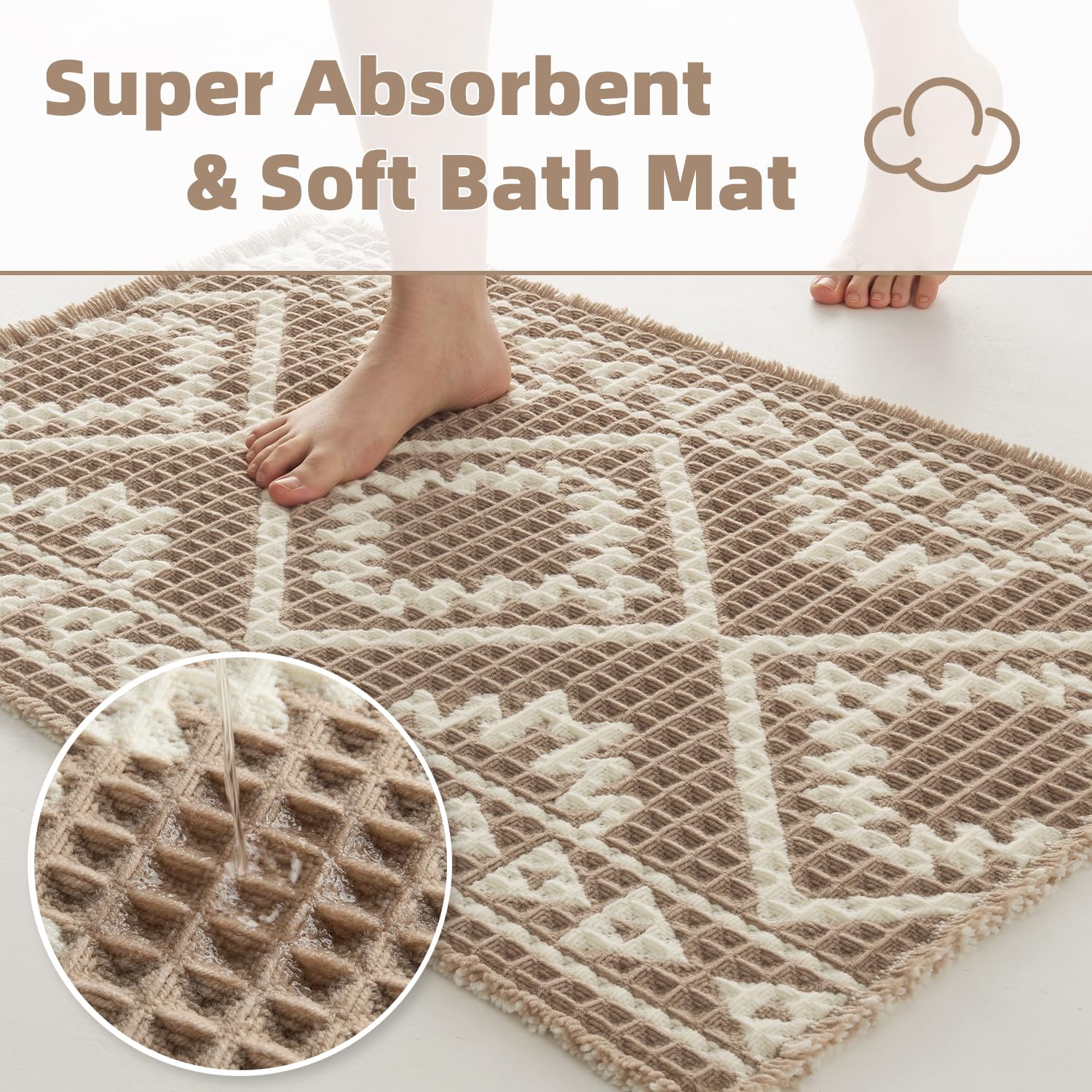 PADOOR-Waffle Bath Mat 24"x36"-Super Absorbent Bath Mats for Bathroom, Machine Washable Non Slip Bathroom Rug with Tassels, Soft Bathroom Mat for Laundry Room, Bedroom, Brown & Cream, 2'x 3'