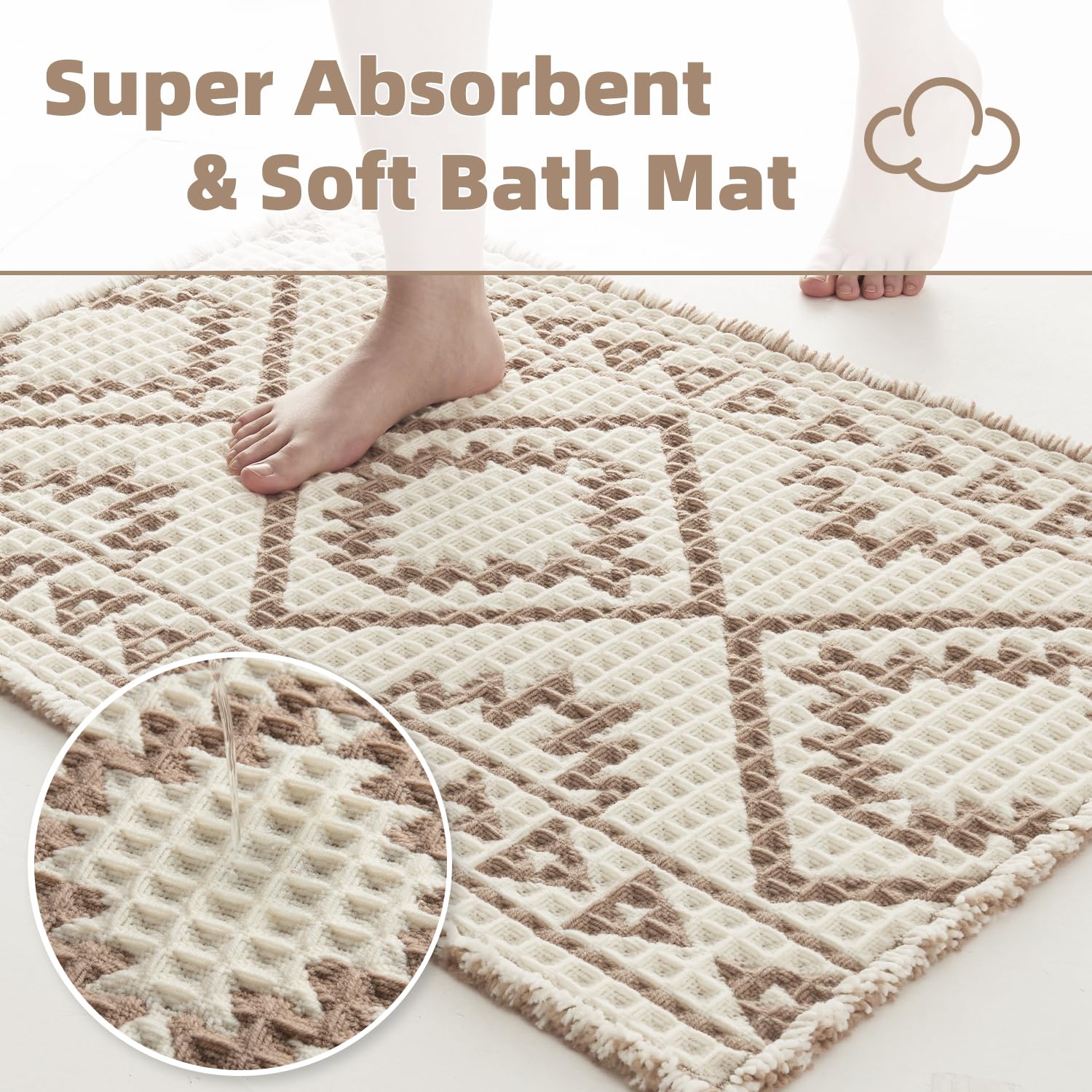 PADOOR-Waffle Bath Mat 24"x36"-Super Absorbent Bath Mats for Bathroom, Machine Washable Non Slip Bathroom Rug with Tassels, Soft Bathroom Mat for Laundry Room, Bedroom, Brown & Cream, 2'x 3'