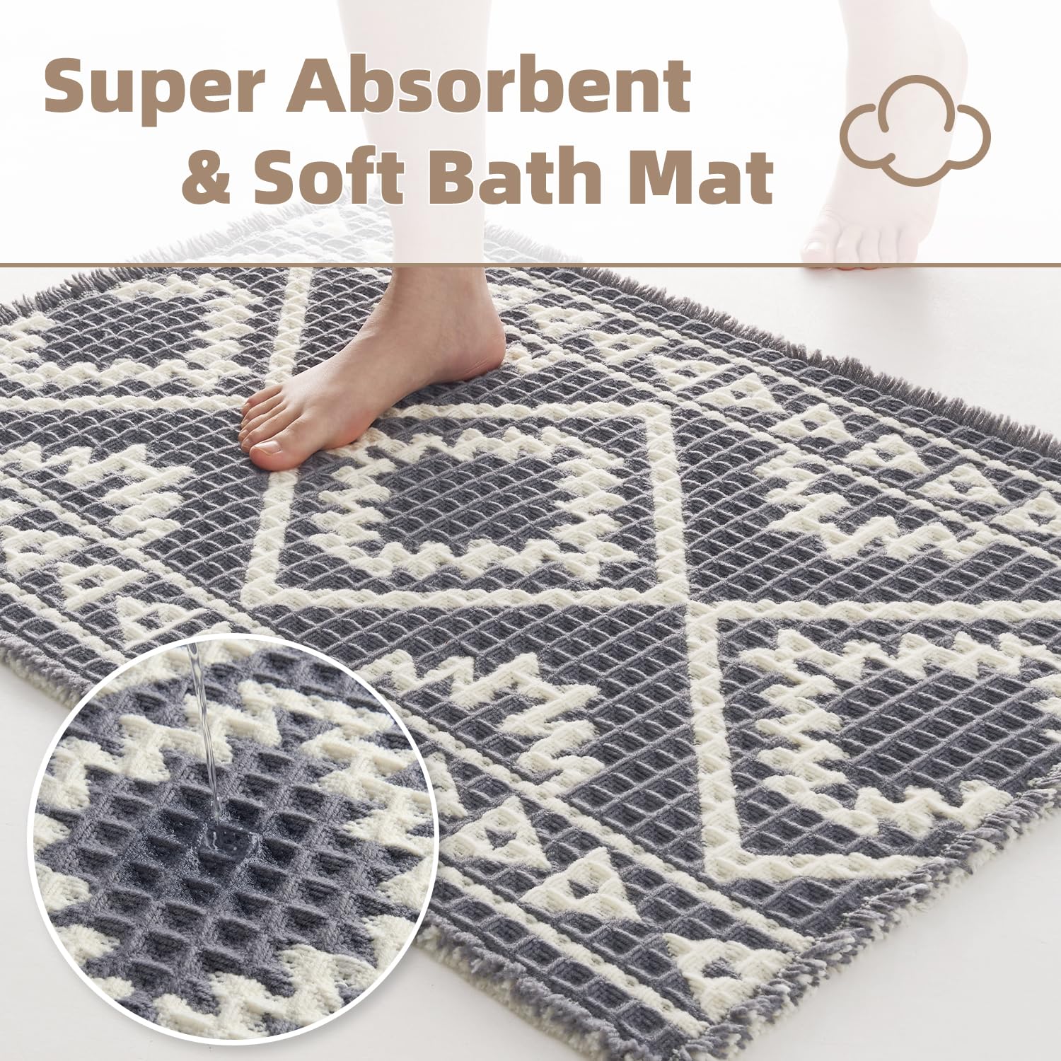 PADOOR-Waffle Bath Mat 24"x36"-Super Absorbent Bath Mats for Bathroom, Machine Washable Non Slip Bathroom Rug with Tassels, Soft Bathroom Mat for Laundry Room, Bedroom, Brown & Cream, 2'x 3'