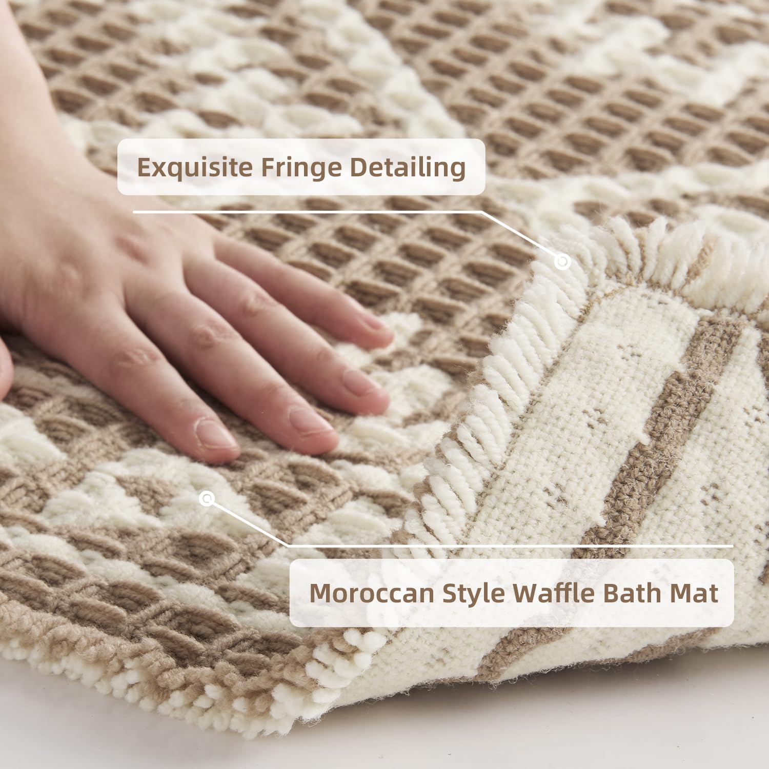 PADOOR-Waffle Bath Mat 24"x36"-Super Absorbent Bath Mats for Bathroom, Machine Washable Non Slip Bathroom Rug with Tassels, Soft Bathroom Mat for Laundry Room, Bedroom, Brown & Cream, 2'x 3'